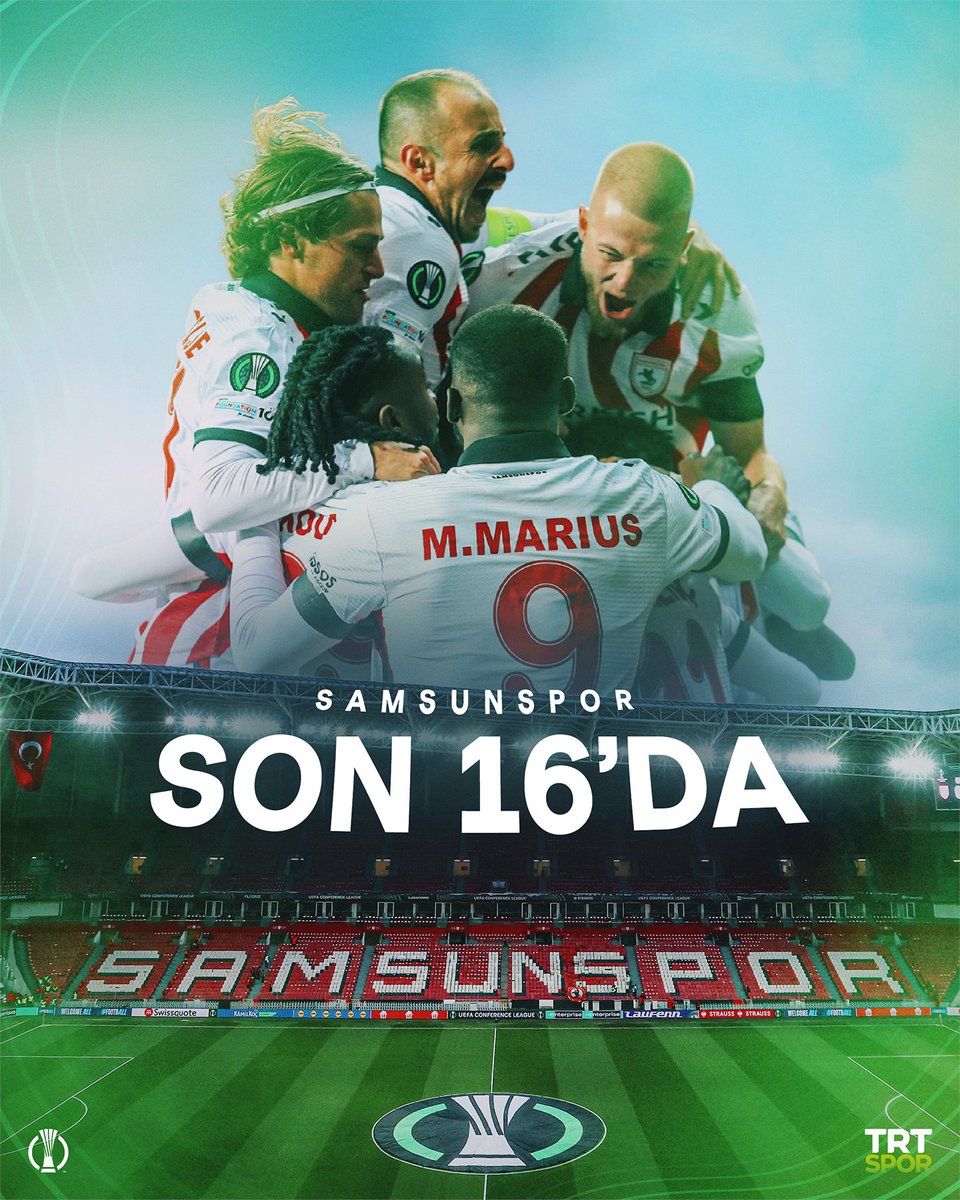 trtspor's tweet photo. 🇹🇷 Temsilcimiz Samsunspor, Konferans Ligi'nde Son 16'da! 

🔴⚪️ Kırmızı beyazlılar, Play-off Turu'nda Kuzey Makedonya ekibi Shkendija'yı deplasmanda 1-0 ve kendi evinde 4-0 mağlup ederek adını Son 16'ya yazdırdı. https://t.co/GzHMaqWyme