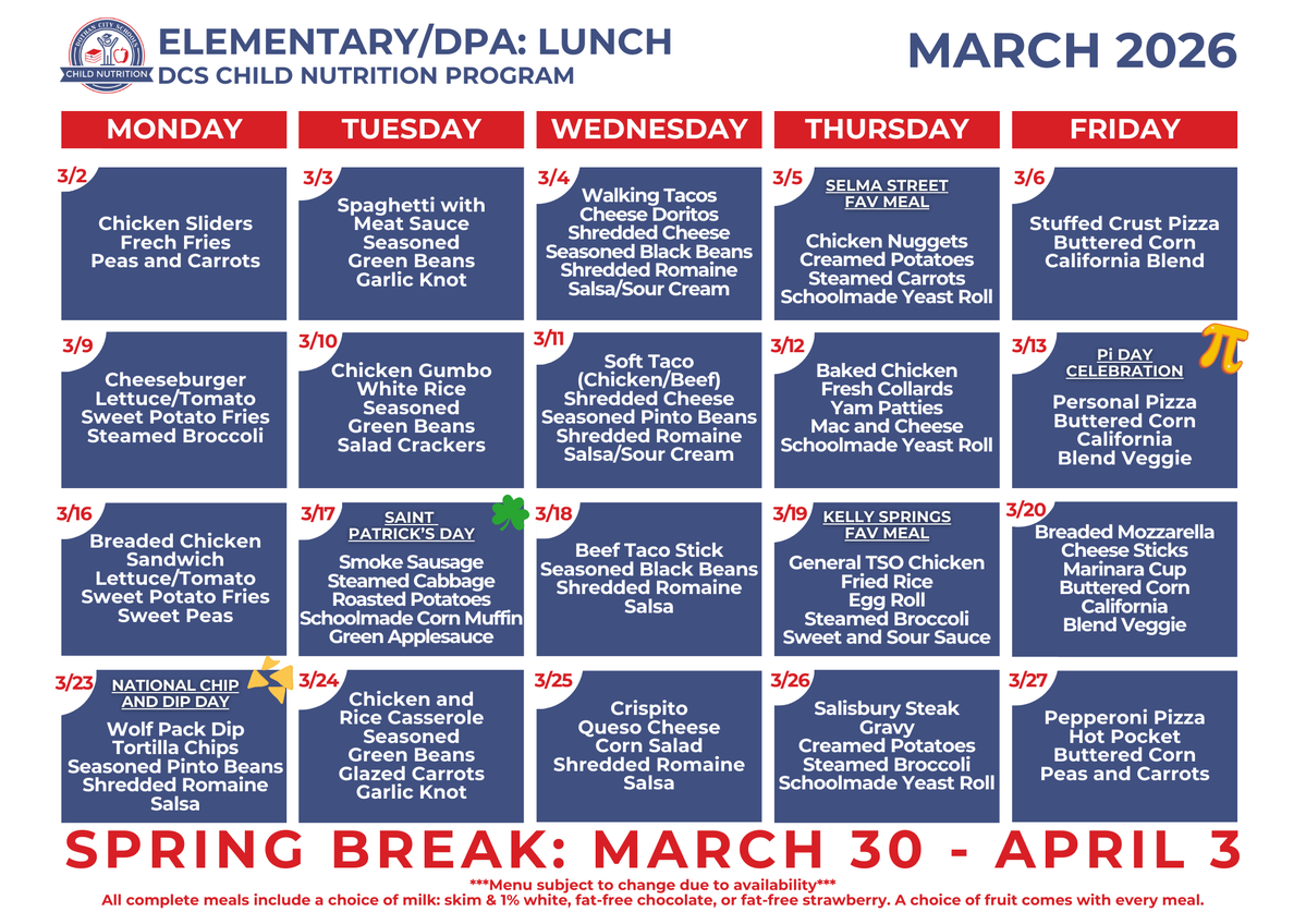 🌷🍀 March is on the menu! A new month brings a fresh lineup of flavorful favorites. Check out what’s being served and get ready for a delicious month ahead! 🍽️✨

*Menus are subject to change due to supply chain issues. Thank you for your patience and understanding!

<a href="/DCSdothan/">Dothan City Schools</a>