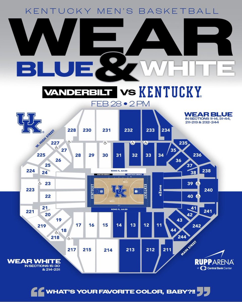 NEWS: For Kentucky’s game versus Vanderbilt this Saturday, the program is asking fans to wear Blue or White based on where your seats are. 🔵⚪️