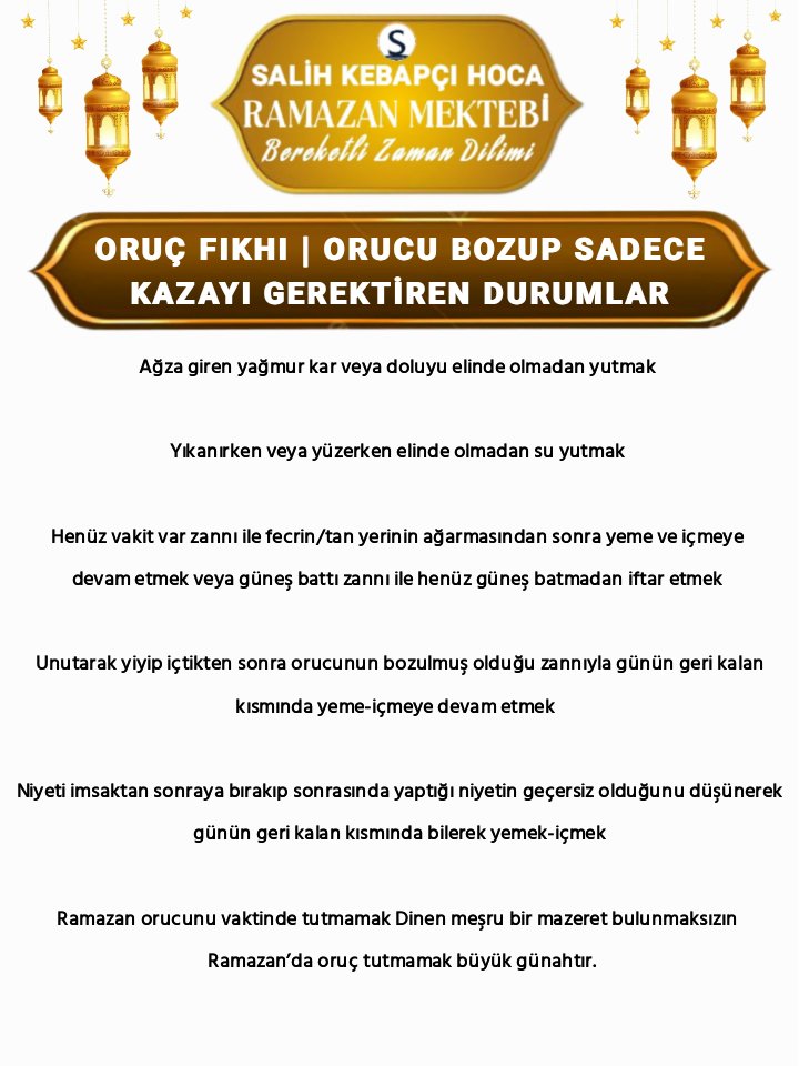RAMAZAN MEKTEBİ | ORUÇ FIKHI

ORUCU BOZUP SADECE KAZAYI GEREKTİREN DURUMLAR