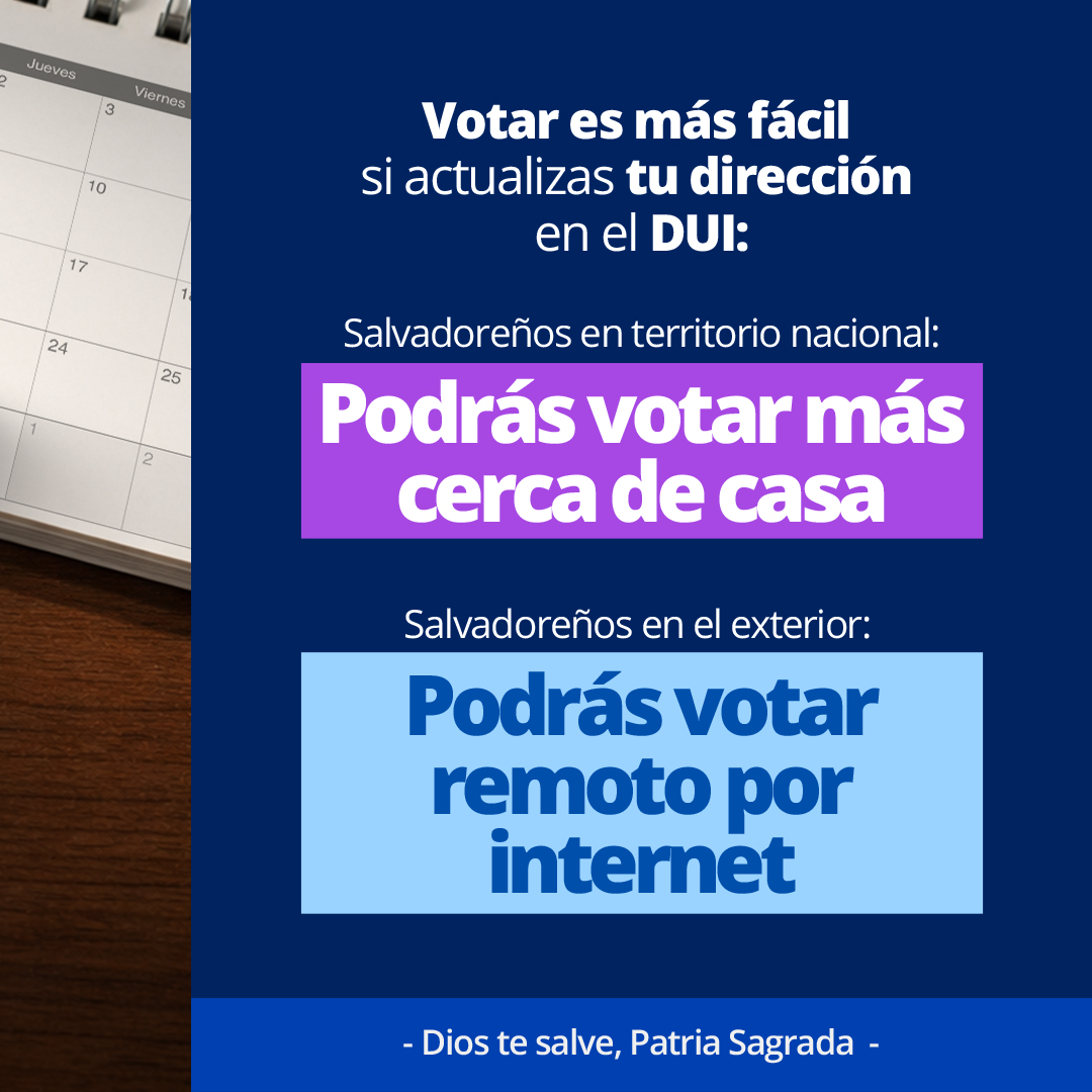 TSEElSalvador's tweet photo. ¡Buenas noticias, tienes más tiempo para actualizar tu dirección en el DUI! 🪪

Recuerda, votar es más fácil si actualizas tu dirección en el DUI:
Si vives en El Salvador, votarás más cerca de casa
Si vives en el extranjero podrás votar remoto por int… https://t.co/4qh2JksfwK https://t.co/zoWiS5tPtk