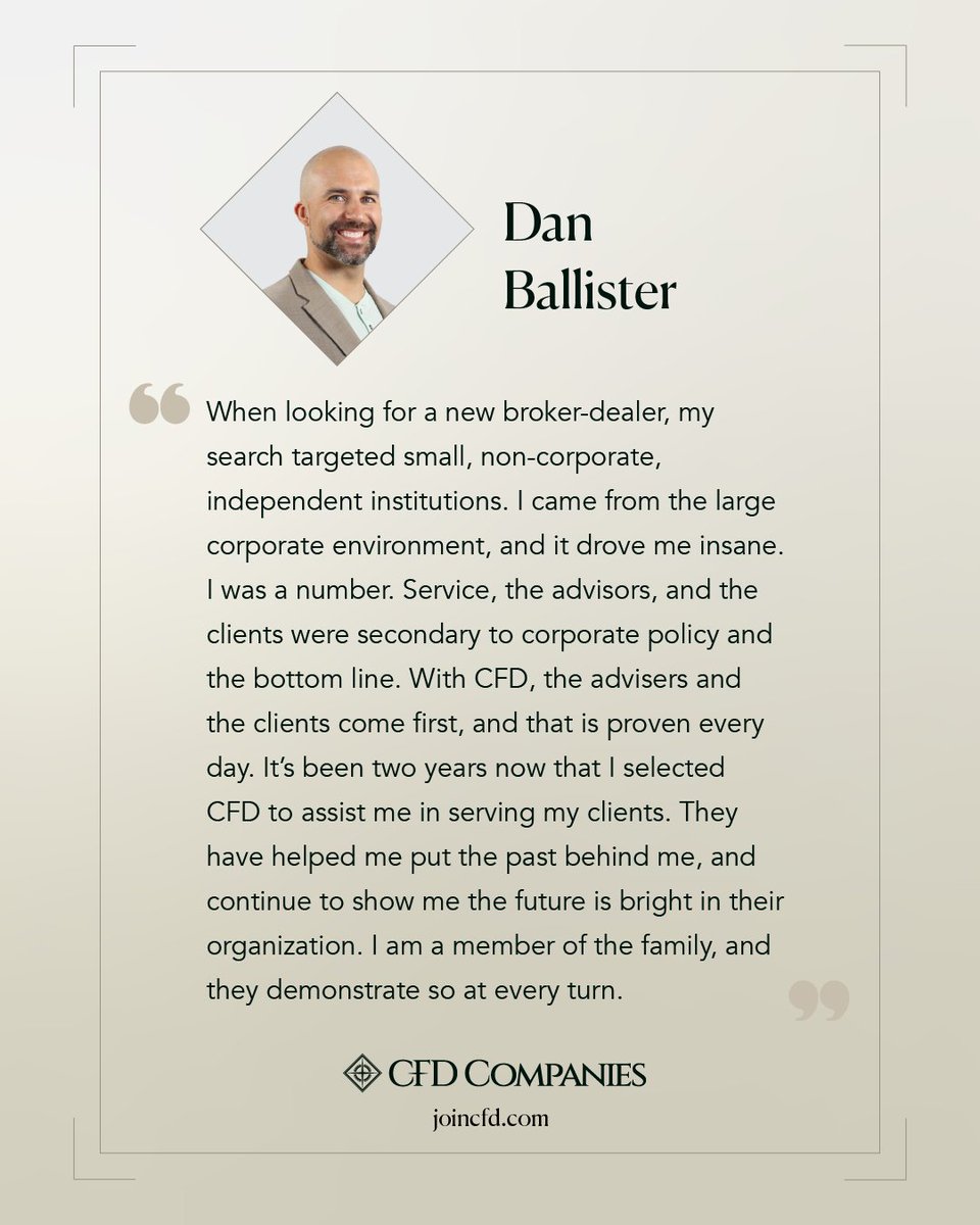 At CFD Companies, growth doesn't happen alone.

Dan Ballister has been a valued financial adviser with the firm and we’re grateful for the client-first approach he brings every day. He truly embodies the independence that defines CFD.

Hear directly from our advisers about their