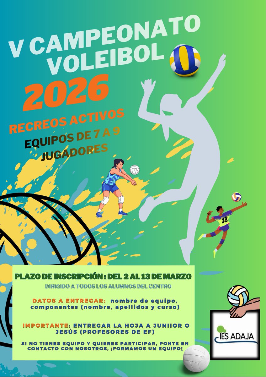 El IES ADAJA acoge la quinta edición del campeonato de voleibol 6x6 dentro del programa de recreos activos. Crea un equipo de entre 7 y 9 participantes y contacta con los profesores de Educación Física, Junior o Jesús, antes del 13 de marzo. 
#somosadaja #somoseducacyl