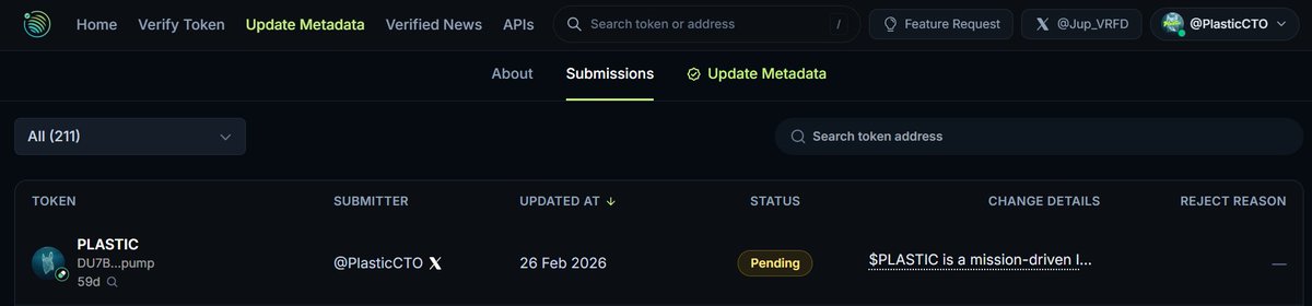 Hey $PLASTIC community!  Update: Our metadata refresh on <a href="/JupiterExchange/">Jupiter</a>  is now PENDING approval. Soon, everyone will see the full story of our mission-driven Impact Token fighting plastic pollution with 100% DEV fee donations, verifiable Plastic Credits, and more. Stay