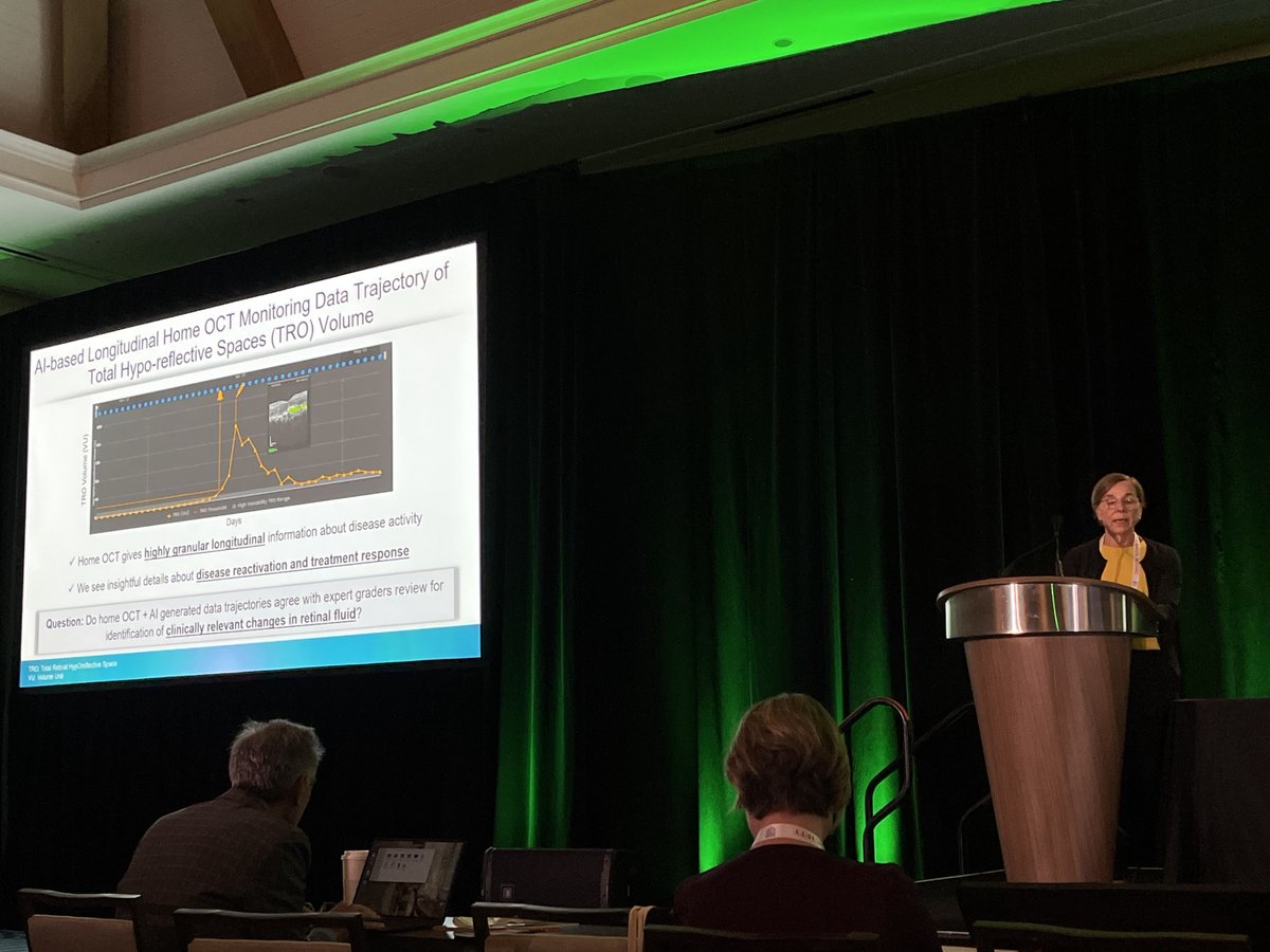 NotalVision's tweet photo. Live from the #MaculaSociety 2026 meeting in San Diego. Prof. Anat Loewenstein shared data on longitudinal #HomeOCT trajectories in nAMD using AI-based NOA.

AI-based analysis differentiated stable vs. changing patterns, with personalized thresholds improving sensitivity. https://t.co/7UaoxDh1Vj