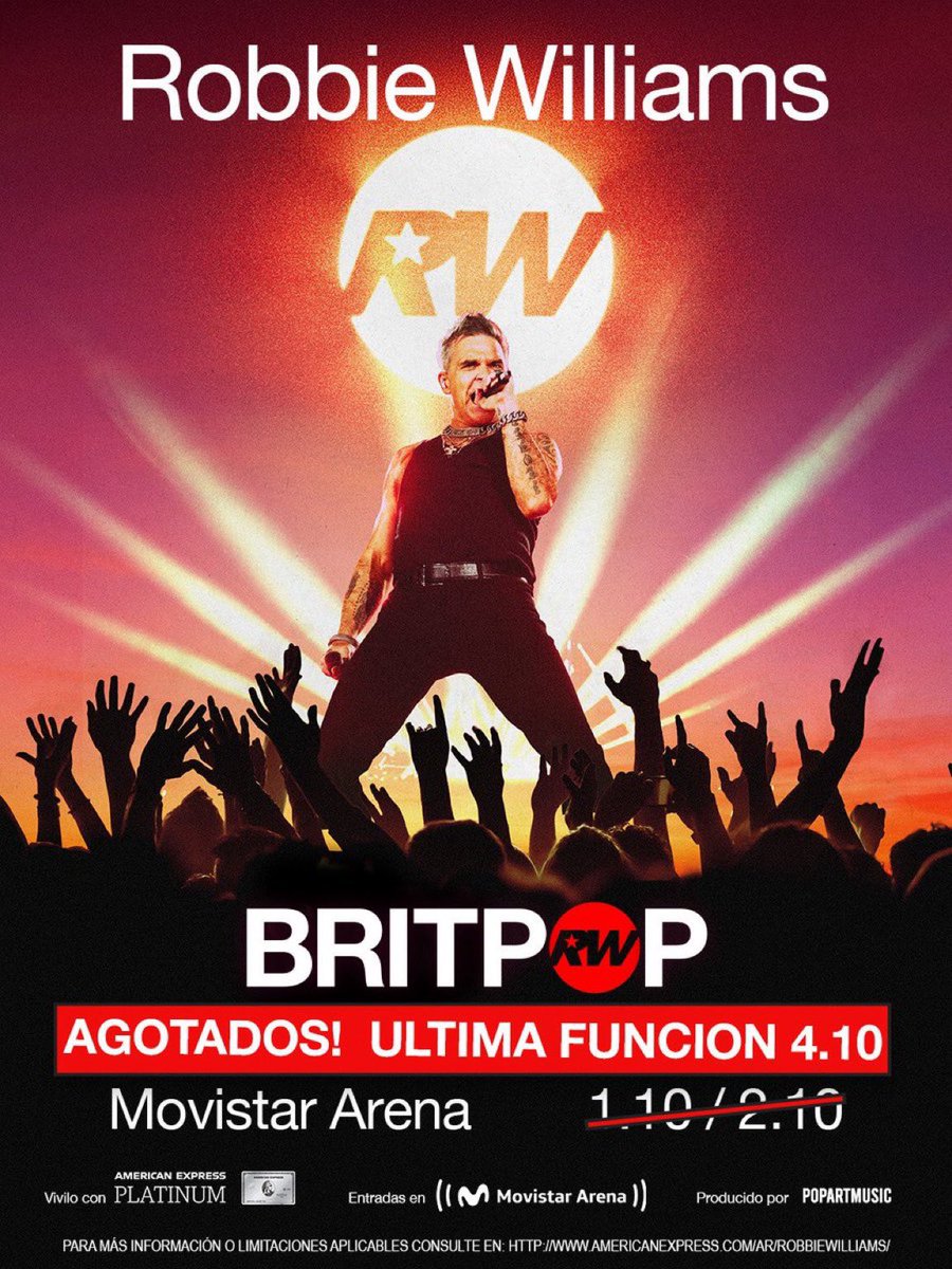 Robbie AGOTÓ su segundo show en Argentina en HORAS, y agrega una tercera y ÚLTIMA fecha el 4/10 

🗓️ 4/10 
🏟️ Movistar Arena 
🎫 NO HABRÁ PREVENTA. La venta general se habilita mañana a las 12 hs en movistararena.com.ar
#robbiewilliamsargentina <a href="/robbiewilliams/">Robbie Williams</a> <a href="/popartmusicarg/">PopArt Music Arg</a>