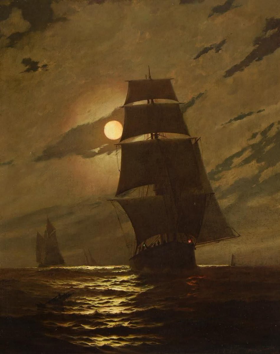 Warren W. Sheppard (US 1858-1937) Moonlit Ship. Oil on canvas