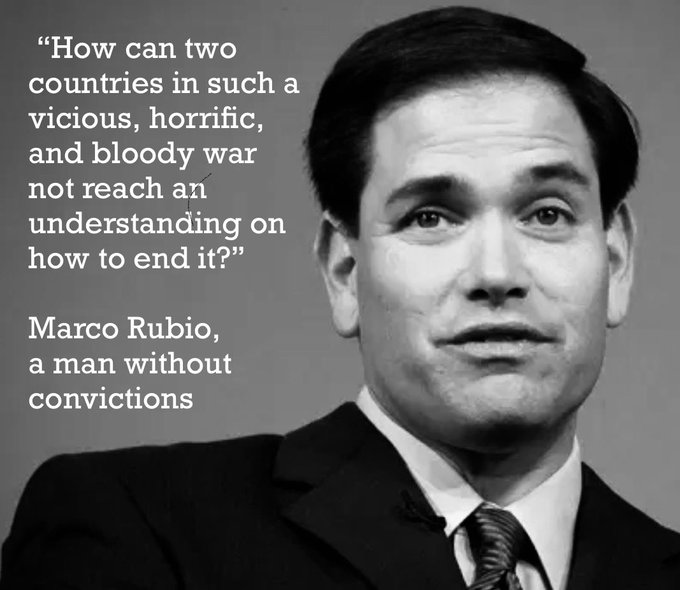 mhmck's tweet photo. Marco Rubio, parroting Putin puppet Trump, places invader Russia and defender Ukraine on the same moral level.

The monsters in the Trump regime would argue that a rapist and a rape victim should "come to an understanding" and "end the violence" while the assault is underway. https://t.co/Q6YqC6Jc7f