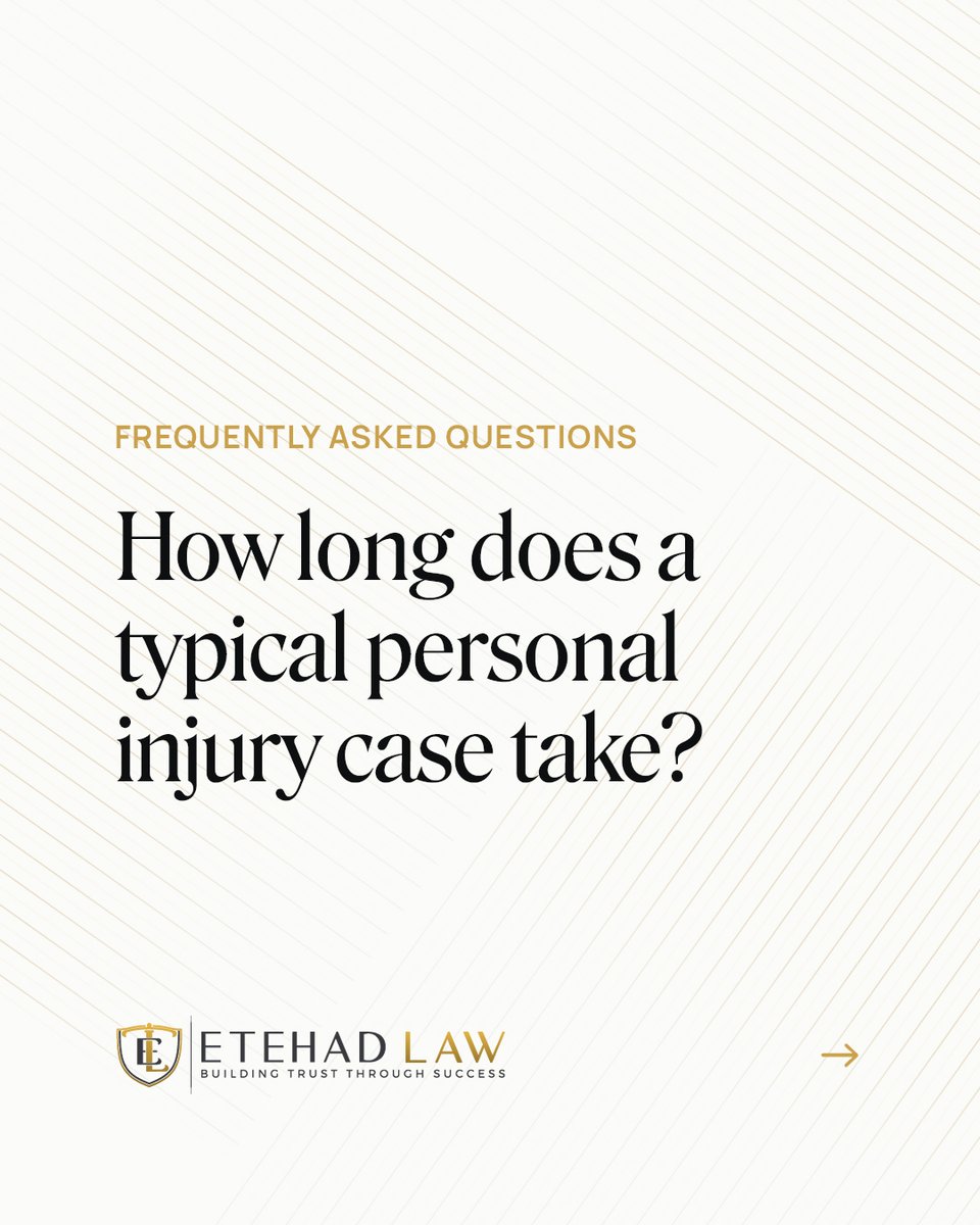 EtehadLaw's tweet photo. A frequently asked question we get from clients is: how long does a personal injury case take? The short answer: it depends.

Have more questions? Let us know and we may answer them in a future post.

(Disclaimer: Attorney Advertising. Informational only. No legal advice or attorney client relationship is created. Past results do not guarantee future outcomes. Every case is fact-specific.)