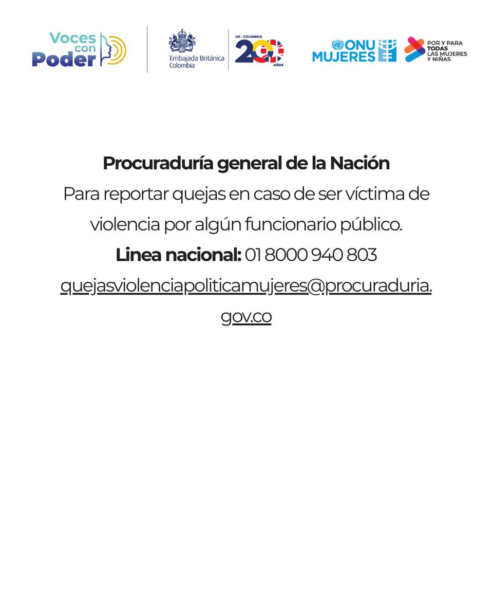 ONUMujeresCol's tweet photo. Procuraduría General de la Nación - Quejas por violencia ejercida por funcionarios públicos
📞 01 8000 940 803
✉️ quejasviolenciapoliticamujeres@procuraduria.gov.co
#VocesConPoder #PorYParaTodas
4/4 https://t.co/wwQTEJ8Vxa