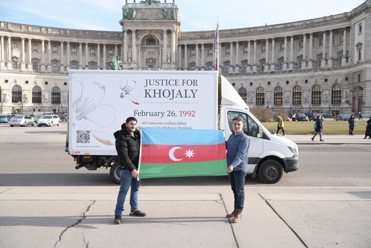 Sadigbayli's tweet photo. I thank Azerbaijani community members of Austria and Slovenia for holding in Vienna and Ljubljana “Justice for Khojaly” international awareness-raising campaign dedicated to the 34th anniversary of the Khojaly genocide. Raising voices for ensuring accountability and ending impunity enjoyed by the perpetrators of the most serious international crimes, including those committed against the civilians of the town of Khojaly is indispensable for justice and peace-building efforts in the region.