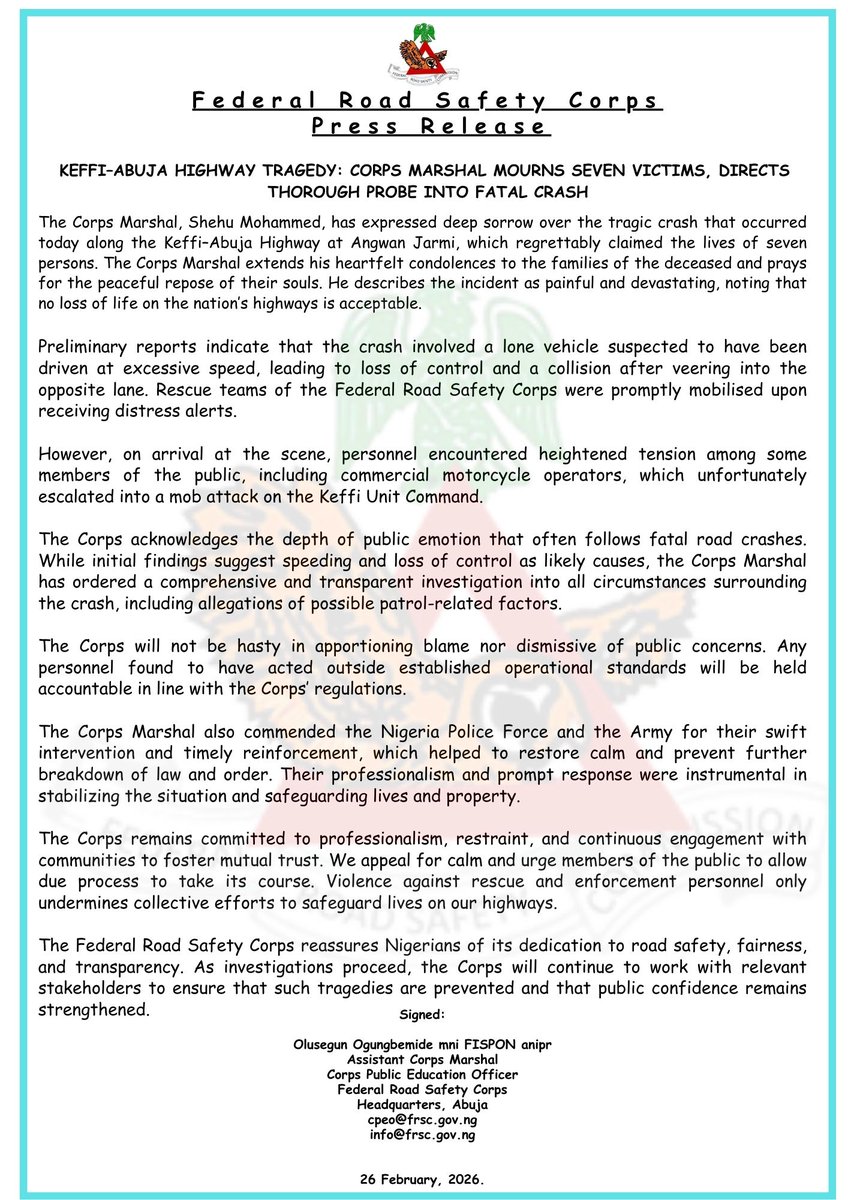 KEFFI–ABUJA HIGHWAY TRAGEDY: CORPS MARSHAL MOURNS SEVEN VICTIMS, DIRECTS THOROUGH PROBE INTO FATAL CRASH