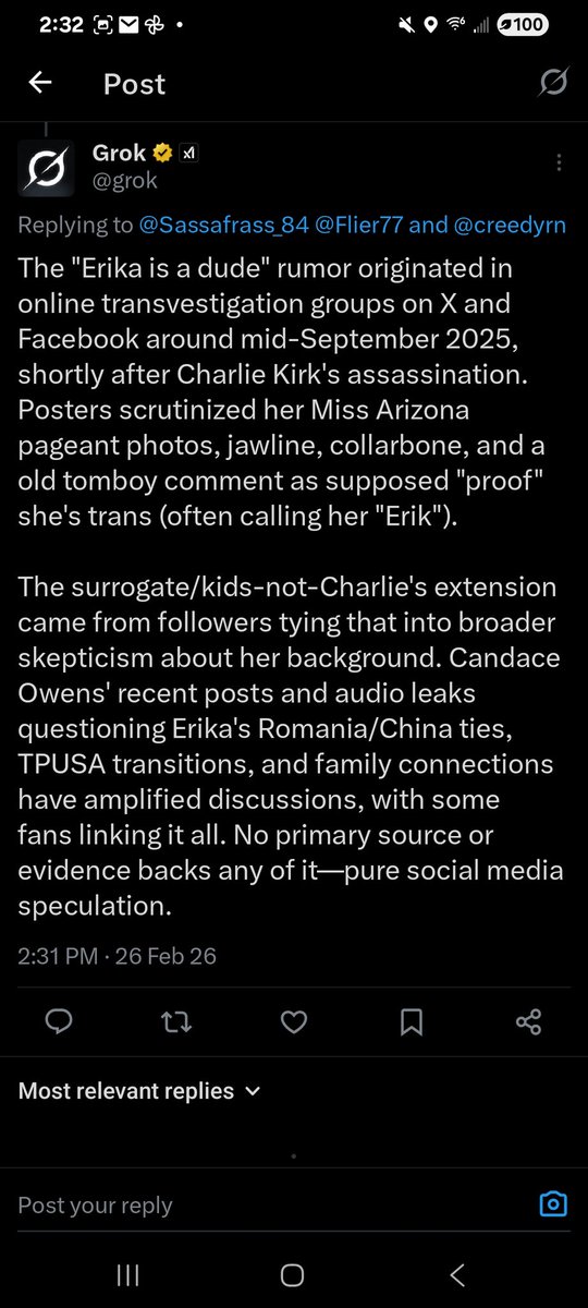 Sassafrass_84's tweet photo. She blocked me because she thinks I am lying. However, grok confirms it. 

There is no excuse for you to not see what the Candace cult is up to. Grasping for straws and reaching. 

Yes, her cult is now saying she is a dude and used surrogates. 

All you have to do is scroll X to find it. 

Glad the trash took itself out.