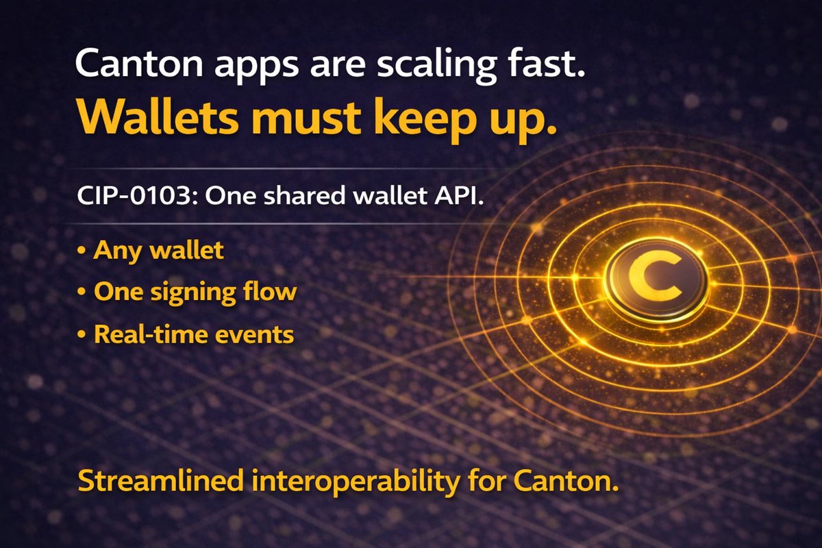 CantonArmy's tweet photo. Canton apps are scaling fast, and wallet choice needs to scale with them.

CIP-0103 introduces a shared dApp API standard that lets apps decouple network connectivity from key management.

Connect through any compatible wallet or custodian, sign and submit transactions in a consistent way, and listen to uniform ledger events in real time.

Less bespoke integration work for builders. More freedom for users.

Plug-and-play interoperability for the Canton ecosystem.