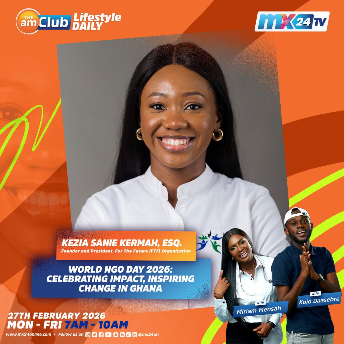 mx24gh's tweet image. It’s World NGO Day 2026 and we’re celebrating impact and driving change in Ghana by highlighting promising NGOs. 

Join founders, Kezia Sanie Kerman of #ForTheFuture, Ewura Ama Jenkins of #Reformationcommunity and Rev. Faustina Coleman of #Marosamfoundation for an insightful