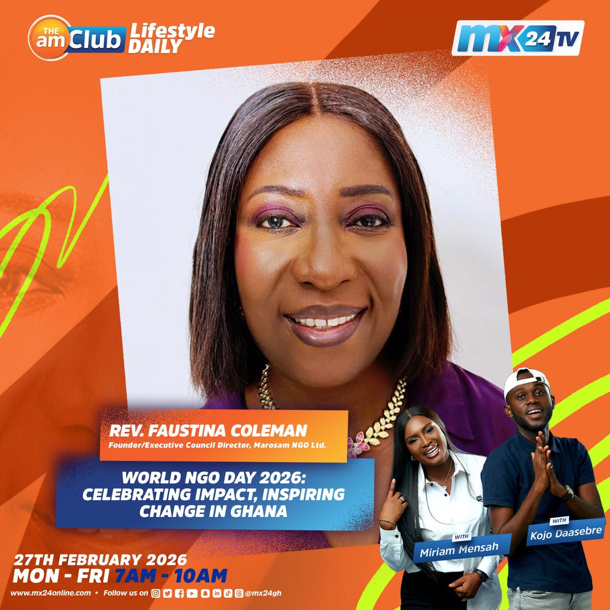 mx24gh's tweet image. It’s World NGO Day 2026 and we’re celebrating impact and driving change in Ghana by highlighting promising NGOs. 

Join founders, Kezia Sanie Kerman of #ForTheFuture, Ewura Ama Jenkins of #Reformationcommunity and Rev. Faustina Coleman of #Marosamfoundation for an insightful