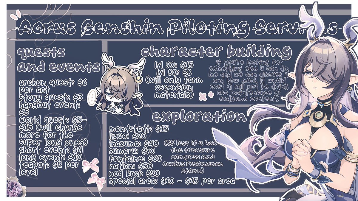 linneapiloting's tweet photo. ∬ #promotwt . #genshinpilot ︴
aoru ♡ he ┆︎ they ᶻz
looking for clients and maybe friends !
#genshintwt #genshinpilot #pilotingservices https://t.co/Ot71X7TuYv