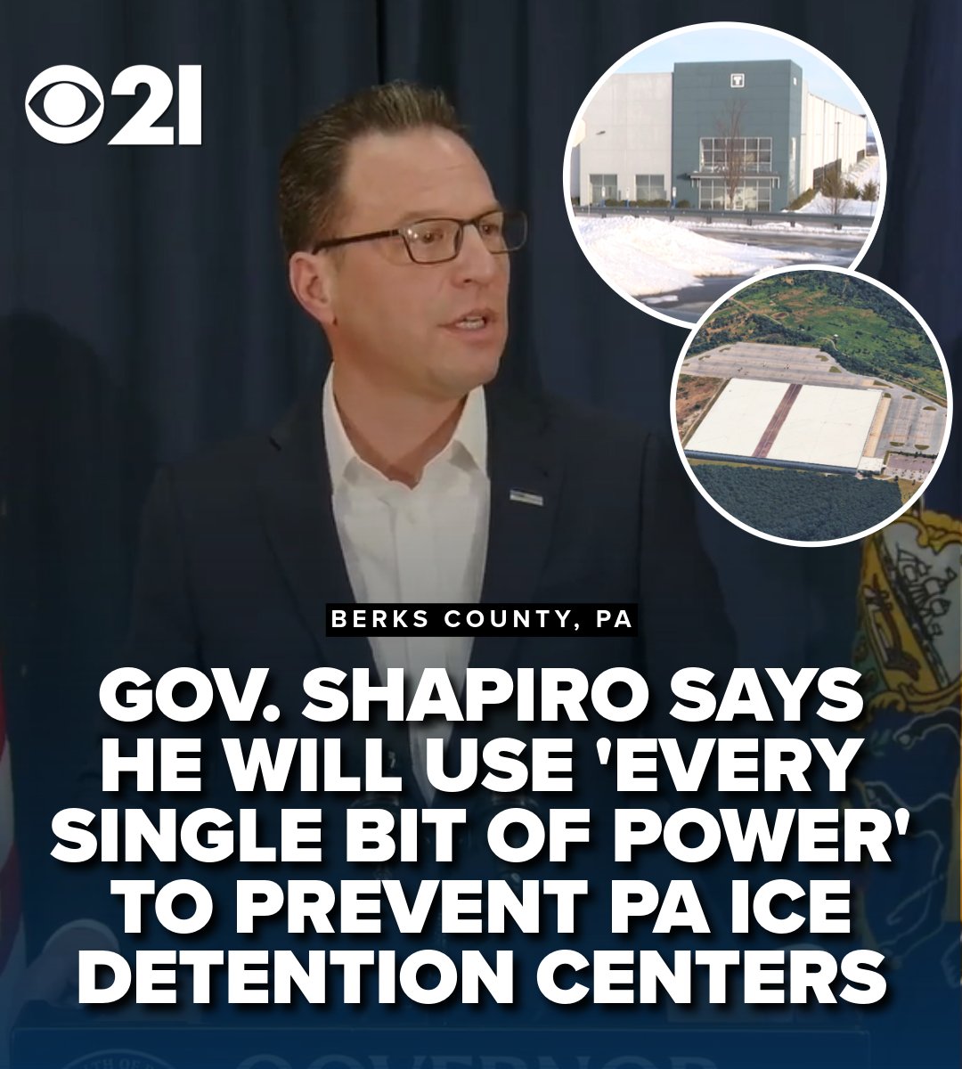 CBS21NEWS's tweet image. "I intend to use every single bit of power that is reserved in my disposal as the leader of this Commonwealth to stand up to the federal government," Shapiro said.

Read more: bit.ly/4czNGCL #ICE #warehouse #detention #pennsylvania #pa