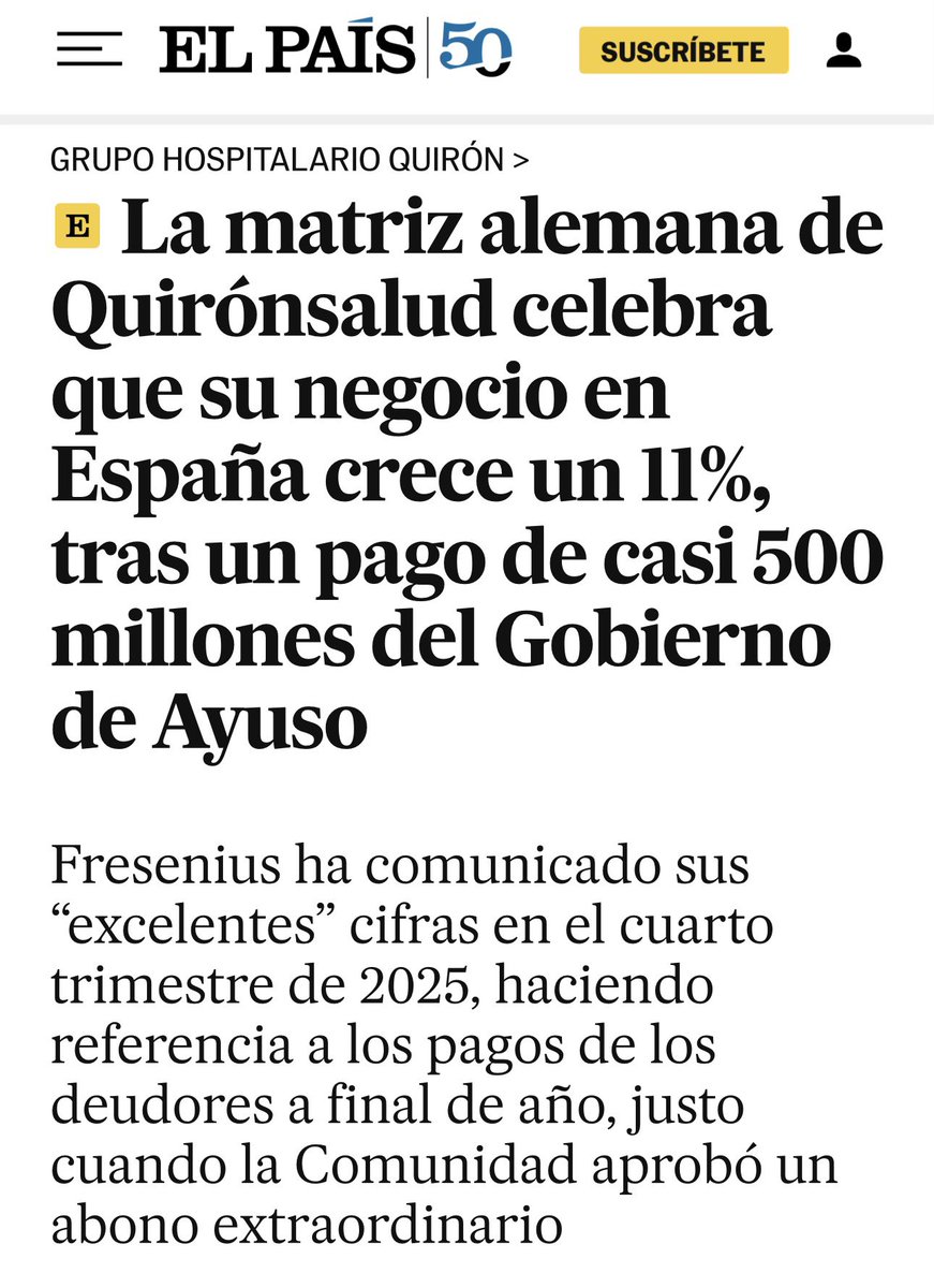 zupo21's tweet photo. 🚨 Suma y sigue‼️

💥 A los 502 millones € que en diciembre el Gobierno #Ayuso le embuchó a #Quirón y #RiberaSalud ayer les sumaron otros 484 millones € 

🤬 Sus excelentes cifras versus nuestra #SanidadPública devastada y colapsada 

📢 #DespiertaMadrid 👇 https://t.co/y1B6noqsqM