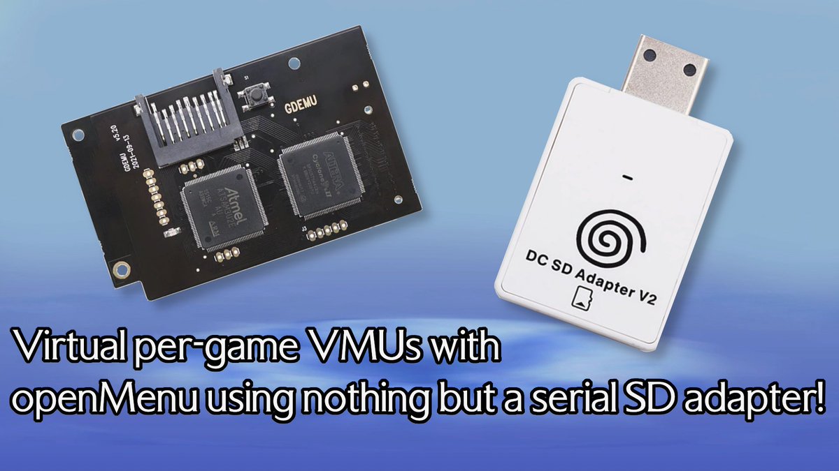 (1/3) v1.5 of the openMenu Virtual Folder Bundle is here, packing all sorts of new features and fixes! The most exciting one is Serial VMU, enabling virtual per-game VMUs (up to five slots per game) using nothing but a cheap serial SD adapter!

DOWNLOAD:
github.com/DerekPascarell…