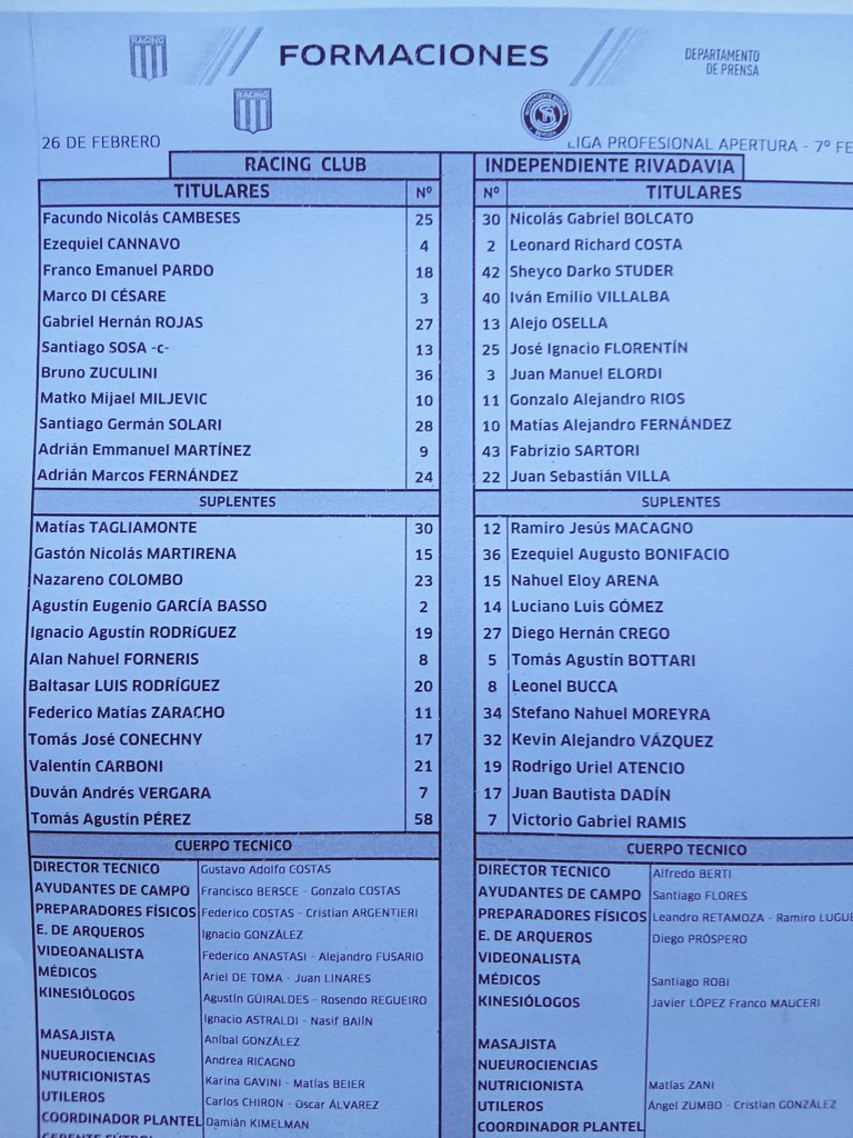 11 inicial y banco de suplentes confirmados .

#Racing vs Cai de Mendoza .