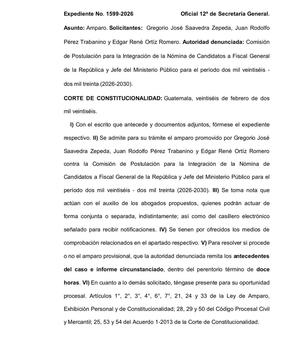 La <a href="/CC_Guatemala/">CC Guatemala</a> da un plazo de 12 horas a la Comisión de Postulación del <a href="/MPguatemala/">MP de Guatemala</a> para rendir un informe sobre la tabla de gradación. El requerimiento es por el amparo promovido por el abogado Edgar Ortiz. La postuladora fue convocada para hoy a las 17 horas.
