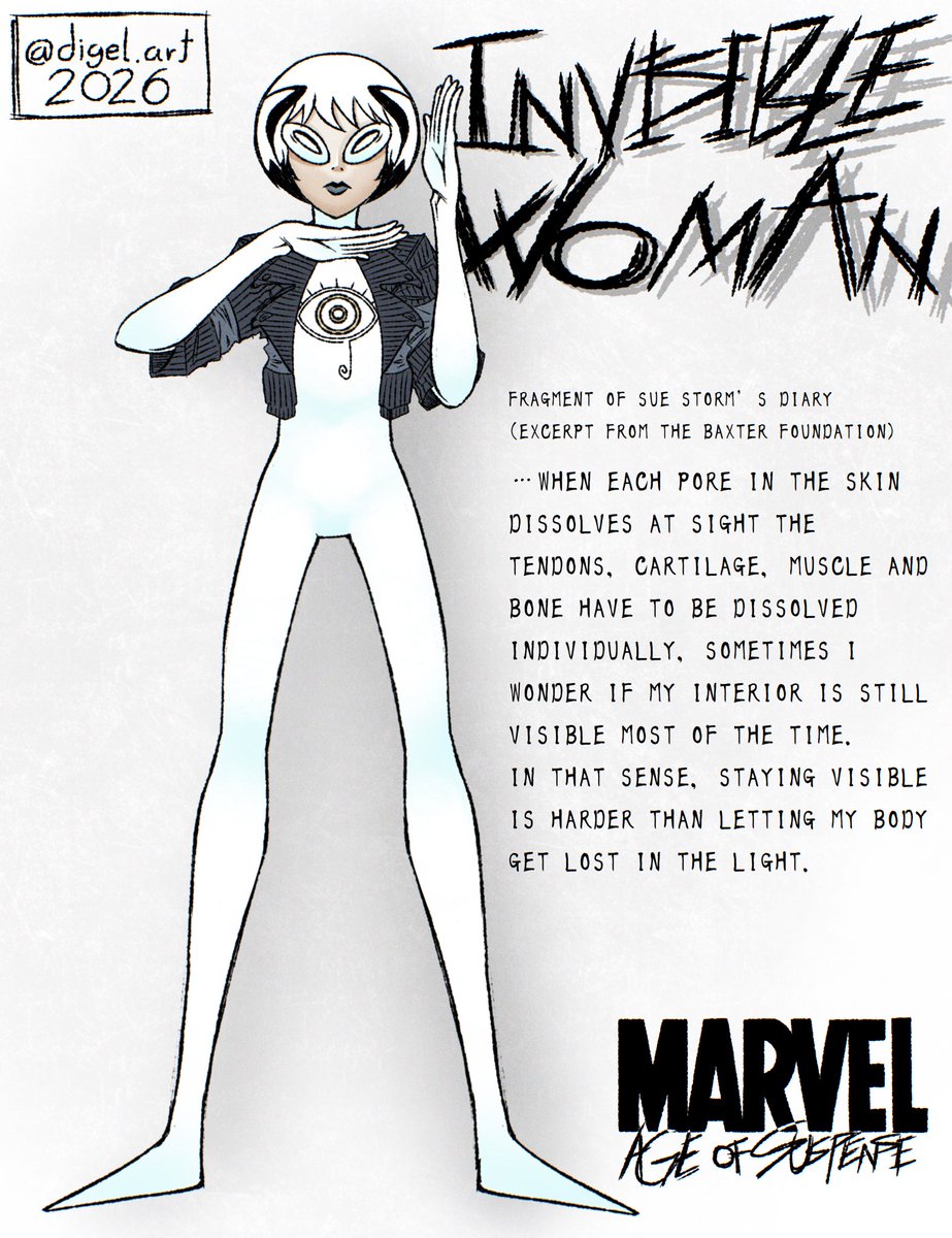 64Digel's tweet image. MARVEL: AGE OF SUSPENSE 🩻

Sue Storm, Invisible Woman

In this universe each of the so-called “Fantastic Four” operates individually after a fateful incident that separated them.
.
#FantasticFour #SueStorm #InvisibleWoman #Marvel #Fanart #Gothic