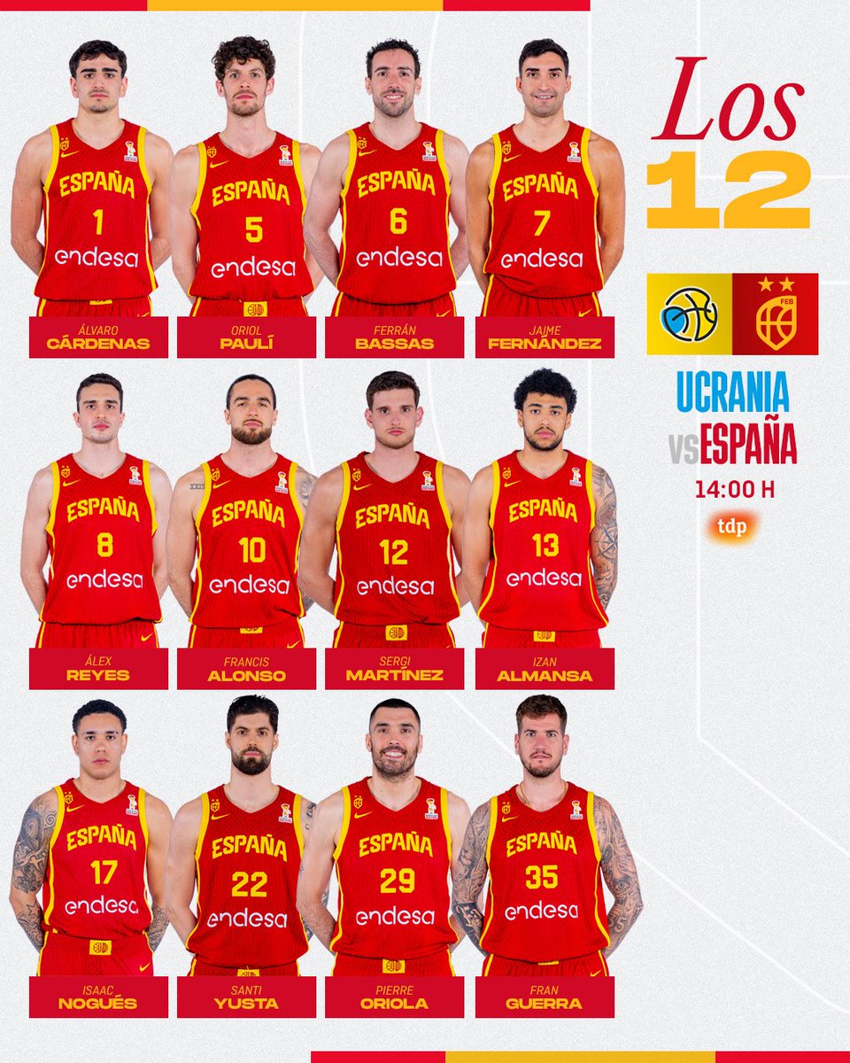 🚨 OFICIAL | Los 1️⃣2️⃣ de #LaFamilia para disputar el 🇺🇦🆚🇪🇸 de Riga‼️

🏆 Clasificación <a href="/FIBAWC/">FIBA Basketball World Cup 🏆</a>
📆 Viernes 27
⏰ 14:00h
📺 <a href="/teledeporte/">Teledeporte</a> 
📌 Xiaomi Arena

#SomosEquipo