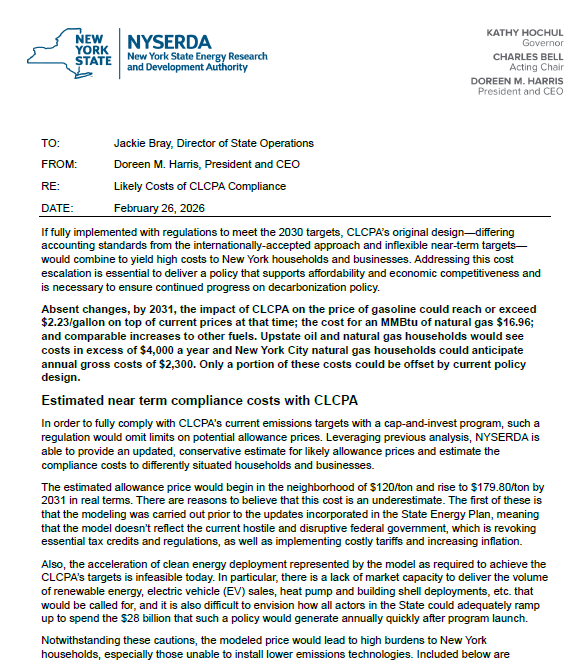 _rebeccaclewis's tweet photo. NEW: NYSERDA has sent a memo to the governor's office on the "likely costs of CLCPA compliance. This is after both Gov. Hochul and her budget director cited costs in the thousands  for New Yorkers. 
The memo says upstaters could face up to $4,000 in costs and NYC residents $2,300 https://t.co/zbN5hfeGjO