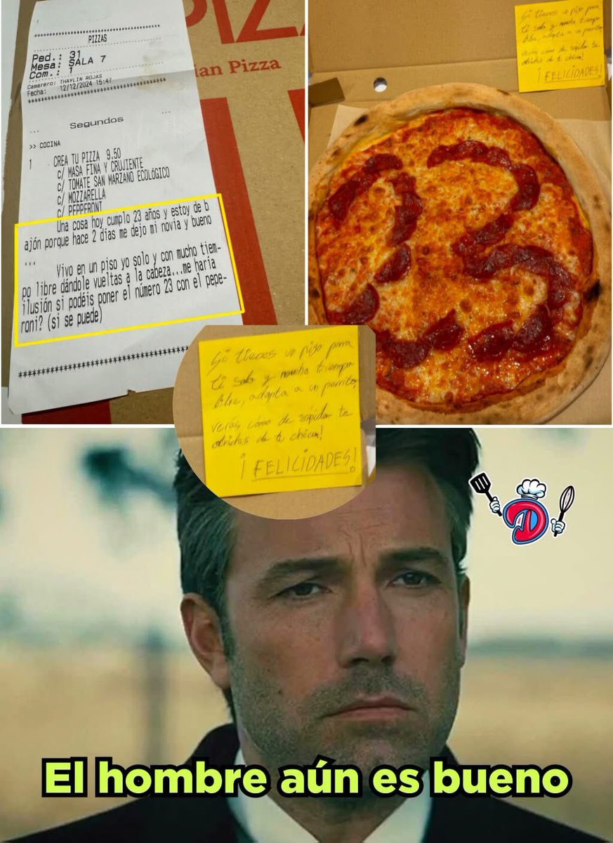 PROHIBIDO OLVIDAR

 La vez que, un chico compartió que 2 días antes de su cumpleaños, su novia lo dejó y como vivía solo, ordenó una pizza para celebrar su cumpleaños número 23 y le pidió a la pizzería que si era posible, le pusiera el número con el pepperoni

La pizzería no solo