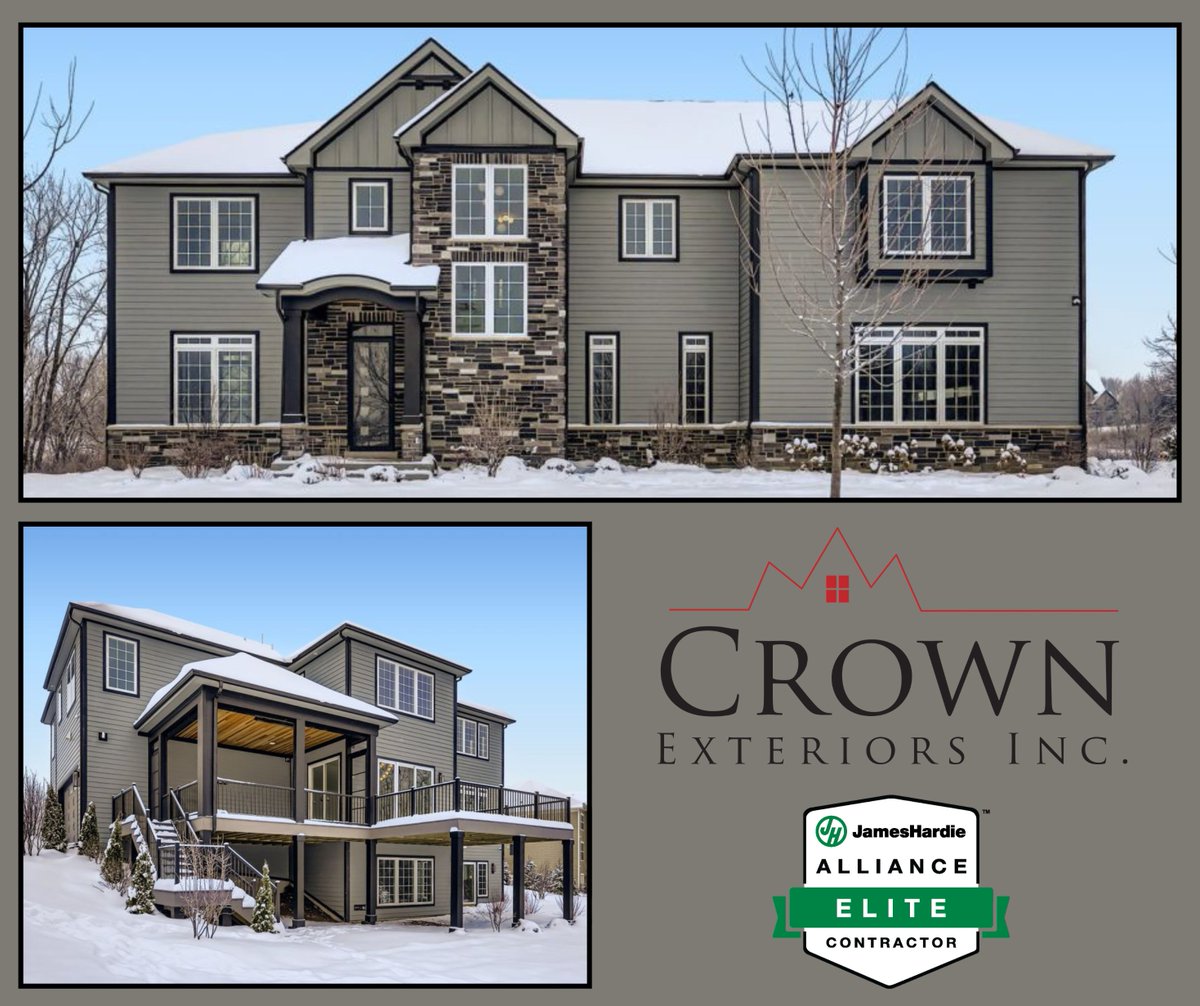 crownextinc's tweet photo. This Lakewood home we recently finished embodies the current trend of darker exterior colors. The striking combination of @JamesHardie Gray Slate siding and Midnight Black trim, set against white windows, achieves a crisp, clean, high-contrast look! https://t.co/lhZmxxbqS2