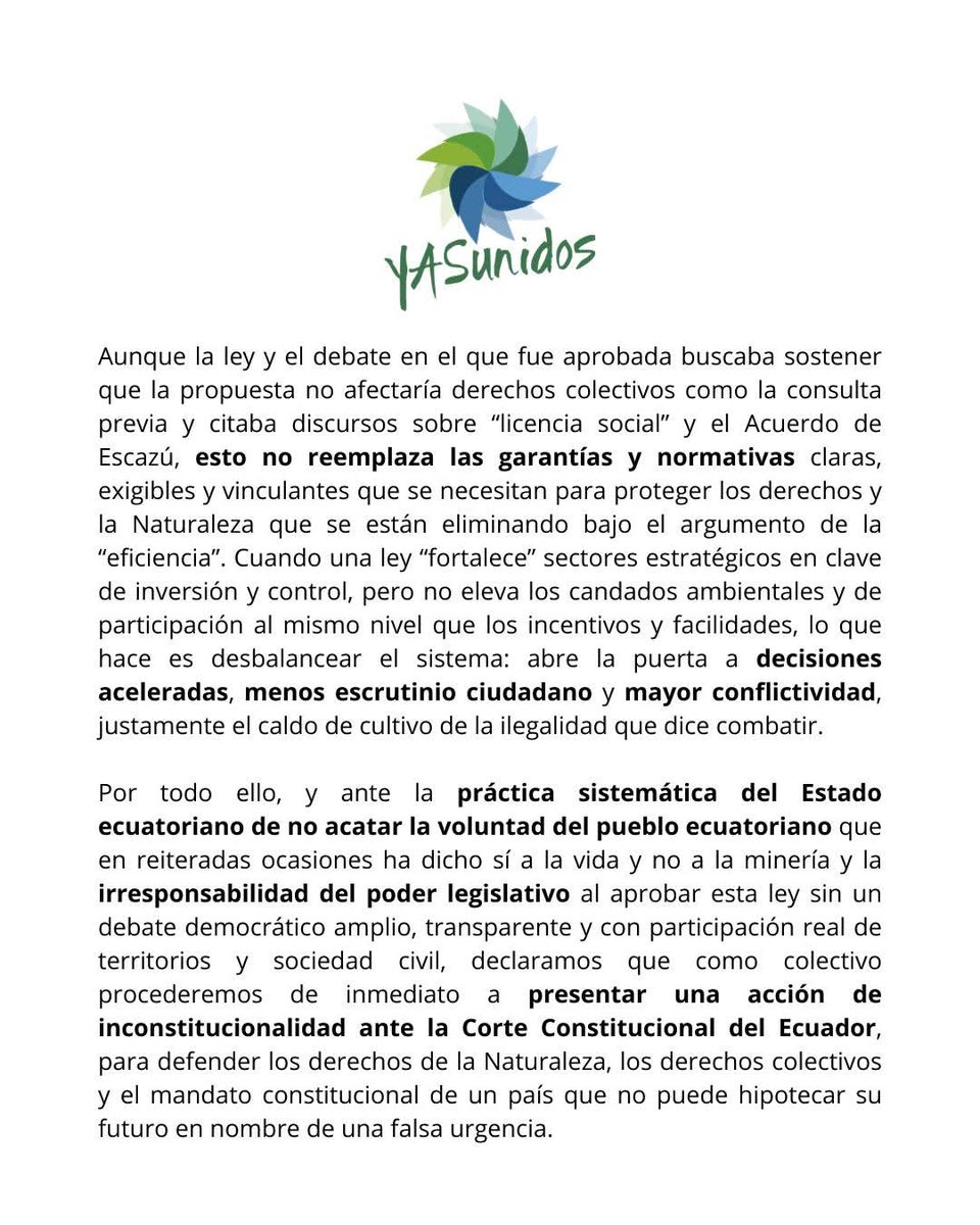 antenaunofm's tweet photo. ⚡ YASunidos cuestiona la nueva ley minera y energética, calificándola como un retroceso en la protección ambiental y social.  

📌 El colectivo anunció que acudirá a la Corte Constitucional con una demanda de inconstitucionalidad. https://t.co/sJWBshko75