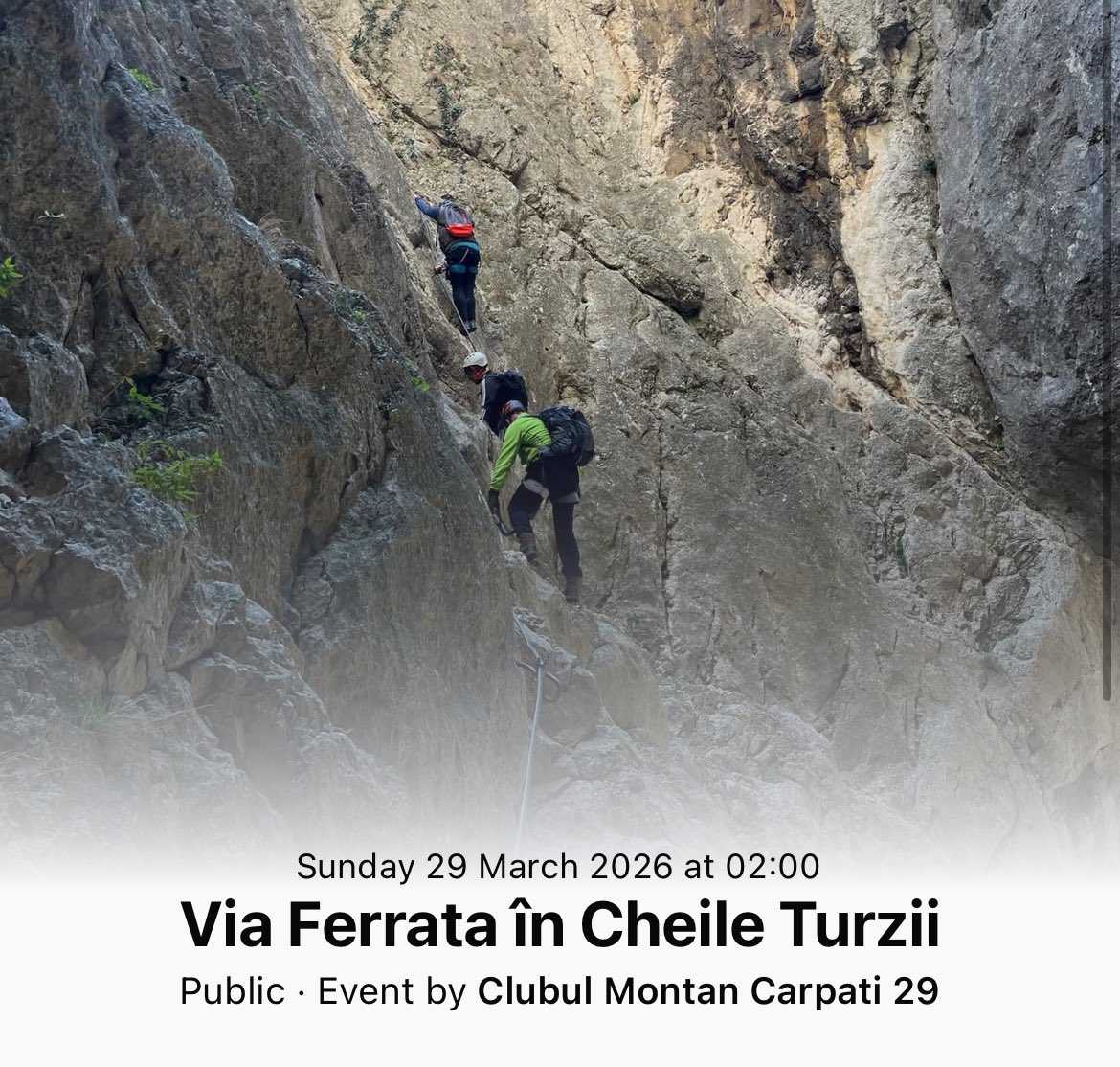 ExtremCMC29's tweet photo. Vino sâmbătă, 28 martie 2026, la 11:00, la Via Ferrata în Cheile Turzii! Peisaje spectaculoase din Carpați, adrenalină și natură pură. Eveniment public de Clubul Montan Carpați 29. Hai cu noi! #ViaFerrata #CheileTurzii #Aventura #Romania #Hiking #Mountains https://t.co/U53BUqyLEG