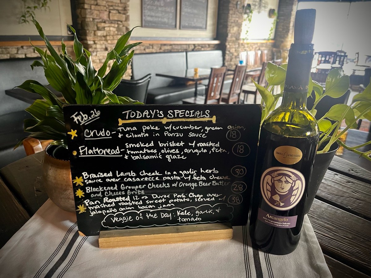 Today’s Blind Mule dinner specials, February 26. Braised Lamb Cheeks pair perfectly with this rainy day and our Red Wine Special, a robust Negroamaro from Puglia, Italy. Come on in!