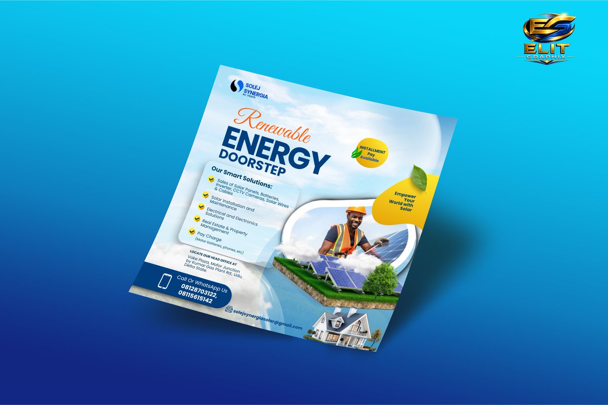 elit_Dave's tweet photo. Designed this clean promotional flyer for a solar energy brand ⚡☀️
Created with Canva.
Strong visuals. Clear message. Conversion-focused layout.
Good design sells the solution before the sales team speaks.
#CanvaDesigner #GraphicDesign #SolarEnergy #Branding #VSEAFRICA https://t.co/lhigo517Ar
