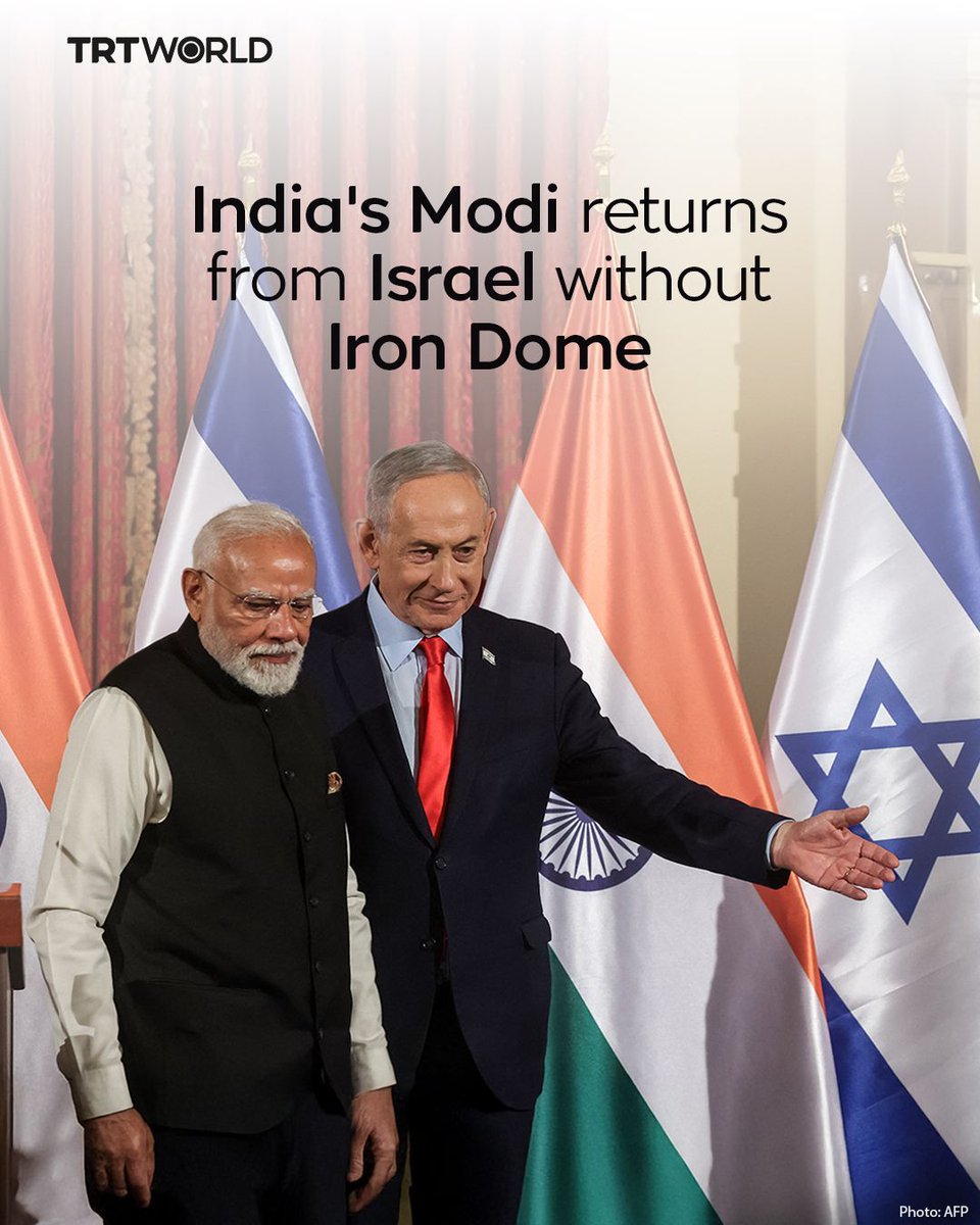 trtworld's tweet image. India's PM Modi signs 17 agreements with Israel on cooperation in trade and technology, but none of the deals inked during the visit included the speculated transfer of Iron Dome or Iron Beam
trt.world/c11t