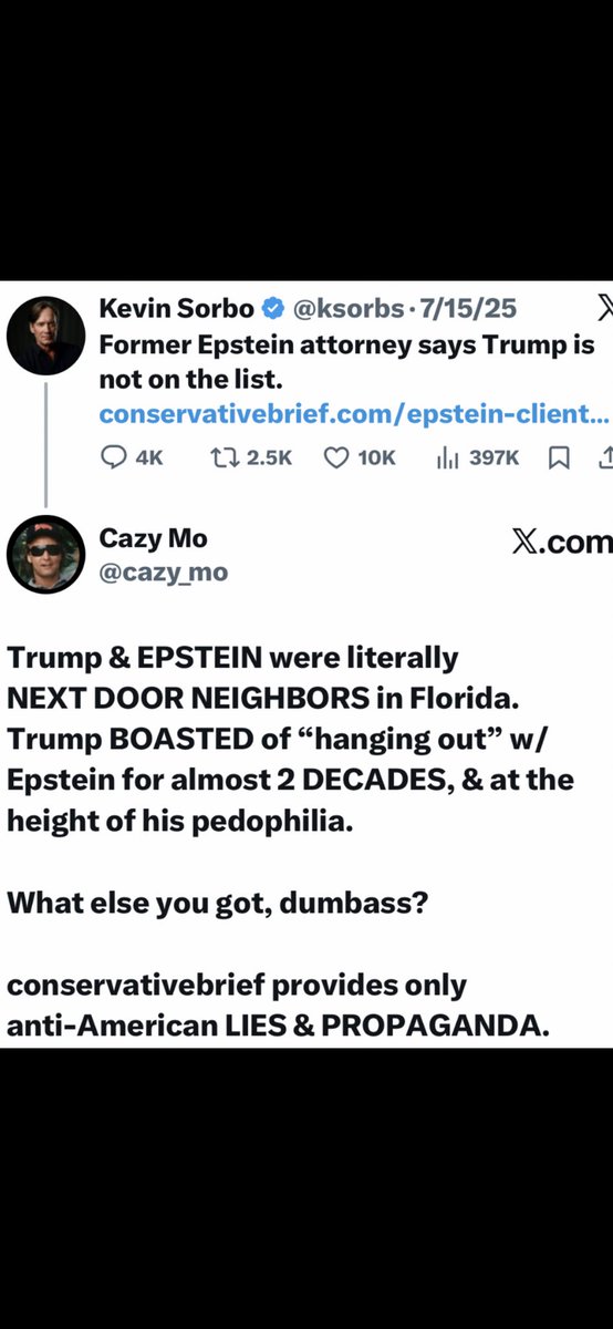 cazy_mo's tweet photo. @Sassafrass_84 @jac5560 Sassadumbassafrass is the blind trying to lead the blind. She is among the most anti-American dunces on TwitterX.
Epstein even stated he was “Trump’s best friend”, & Trump BOASTED of his longtime friendship w/ his #PedoPal Epstein. Then, they had a falling out over real estate. https://t.co/AH6ZIt2NQI