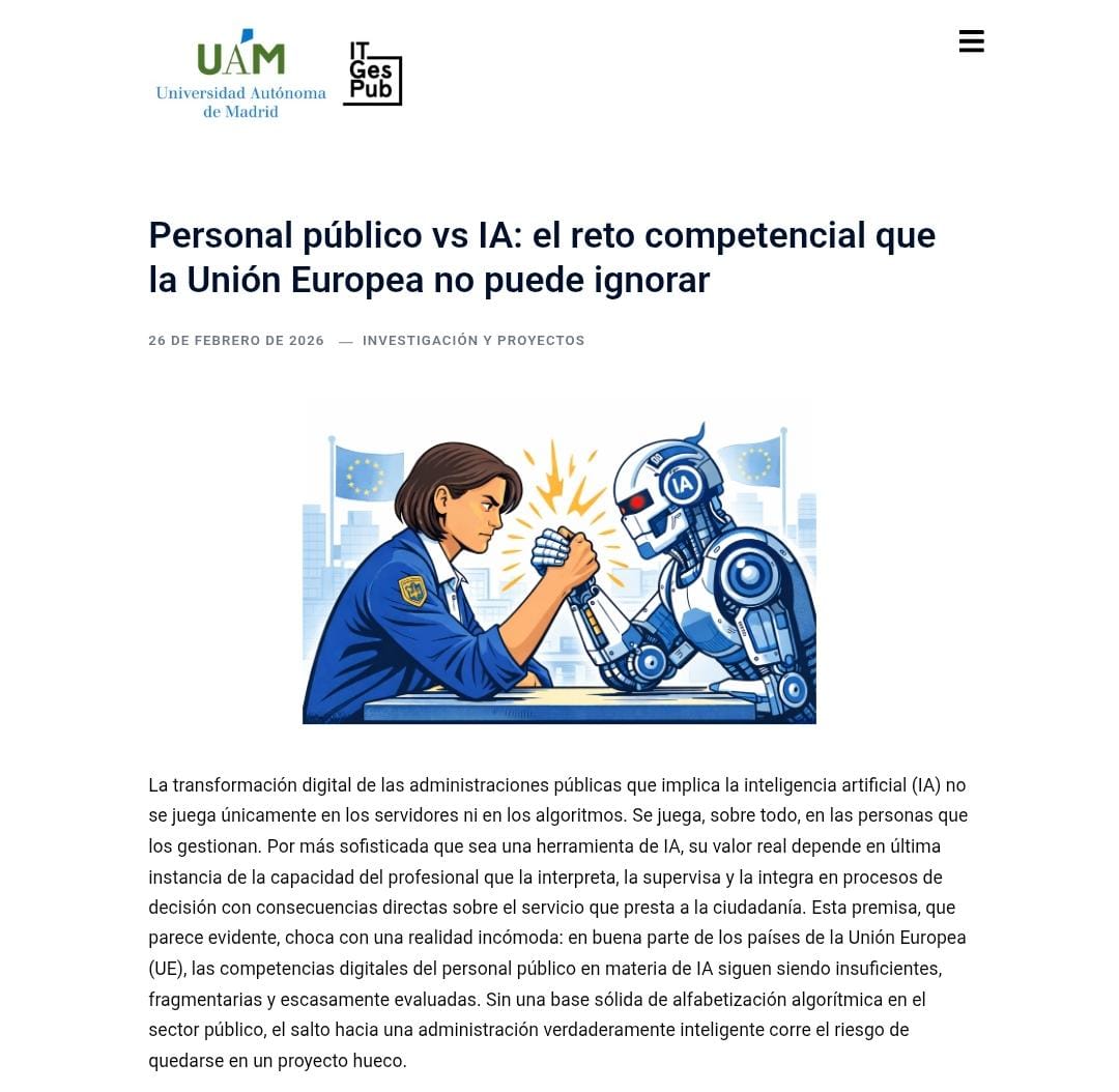 IT_GesPub's tweet photo. 🚨 Nuevo post en el #BlogITGesPub 📬

🇪🇺 ¿El reto de implementación de #IA en la #administraciónpública es humano o tecnológico?

🧑‍💻 Nuestro compañero @sergio_medina7 destaca la importancia de las #competenciasdigitales del empleado público.

👉 Accede: https://t.co/DuIFOxMYI0 https://t.co/5kOzpLGu0J