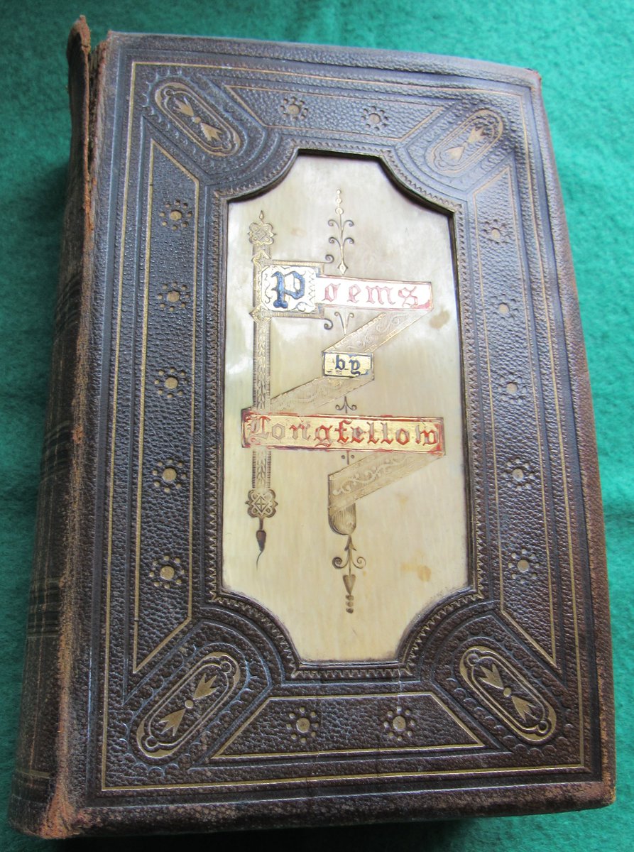 MostlyPrint's tweet photo. Love #secondhandbookshops
Poems of Longfellow (born #OTD in 1807, died 1882).
Published by Nimmo in Glasgow, late 1880s.
Notable for this funky leather binding and ornate cartouche (bone, I hope) with gilding. Sixpence in a second hand bookshop in St Helier, Jersey, 1960s. https://t.co/Ahg2pHKC1Q