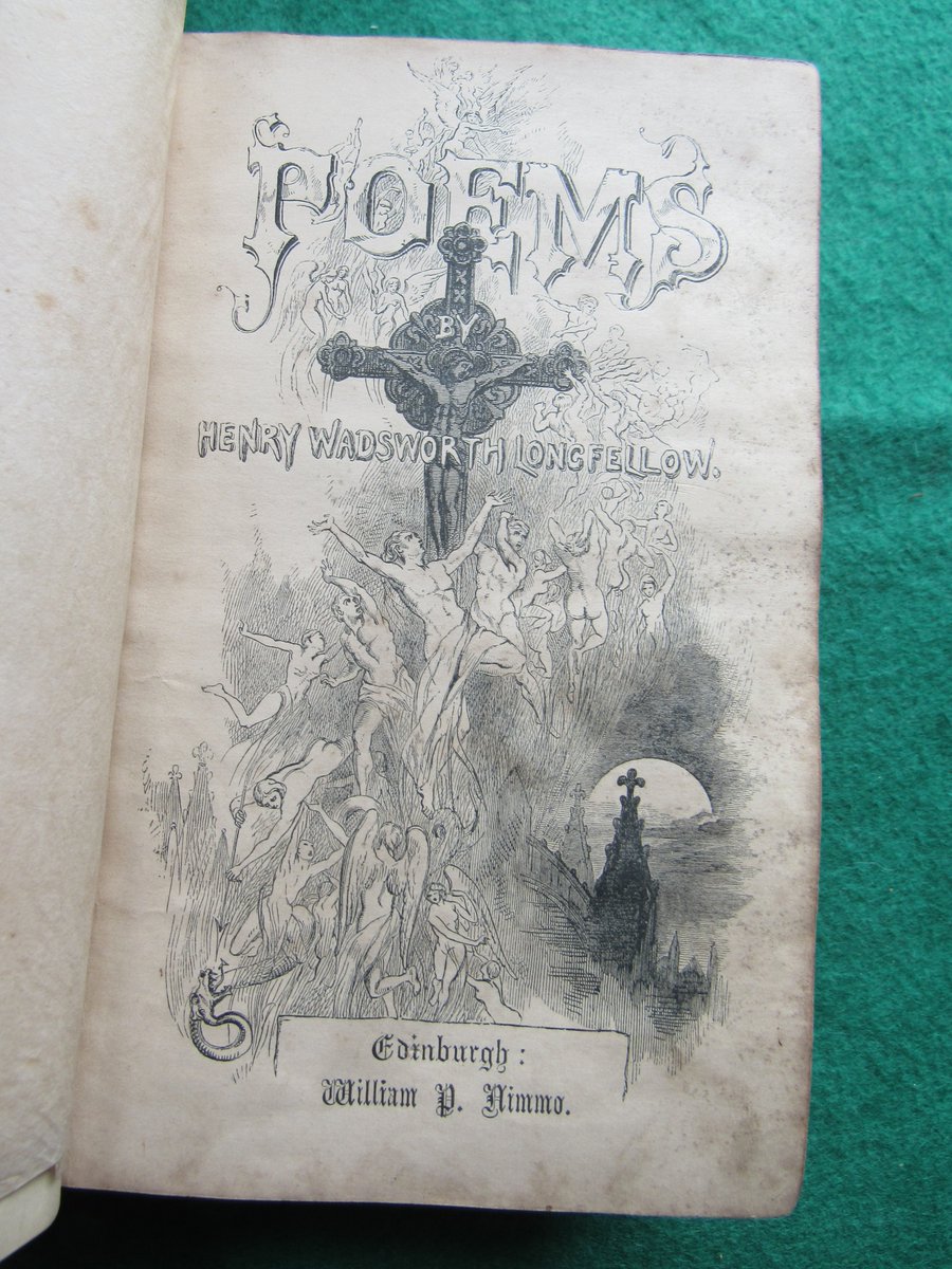 MostlyPrint's tweet photo. Love #secondhandbookshops
Poems of Longfellow (born #OTD in 1807, died 1882).
Published by Nimmo in Glasgow, late 1880s.
Notable for this funky leather binding and ornate cartouche (bone, I hope) with gilding. Sixpence in a second hand bookshop in St Helier, Jersey, 1960s. https://t.co/Ahg2pHKC1Q