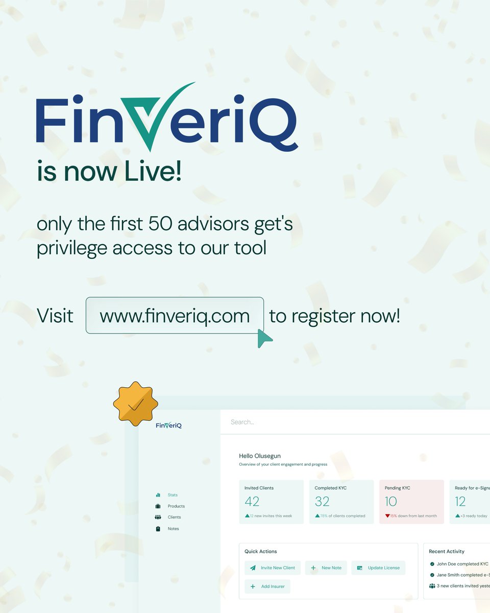 segunalad's tweet photo. We know that for Insurance Brokers, "compliance" usually means late nights, endless paperwork, and a lot of stress.

We decided to change that. 
The wait is over🎉

Today, we are launching FinVeriQ—the smart compliance app designed specifically for the modern broker https://t.co/bWnz2DGURD