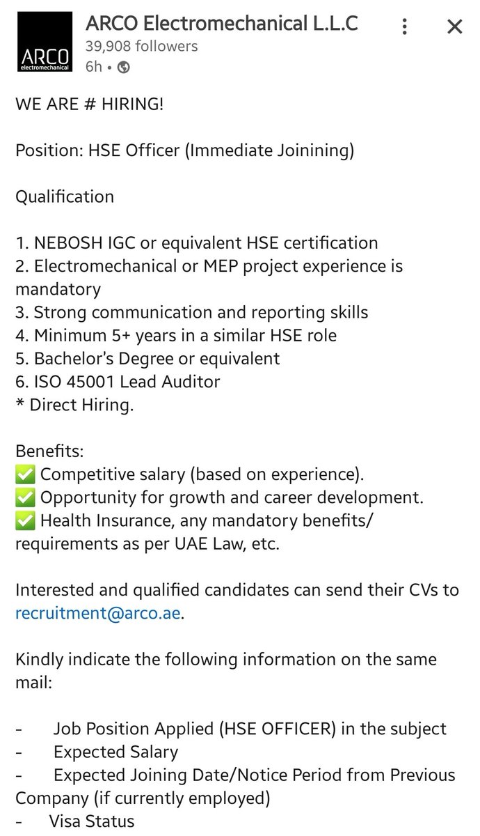 ARCO is hiring HSE OFFICER.

See flyer for more information. 
Send cv:
recruitment@arco.ae

Kindly RT!
Gooluck!