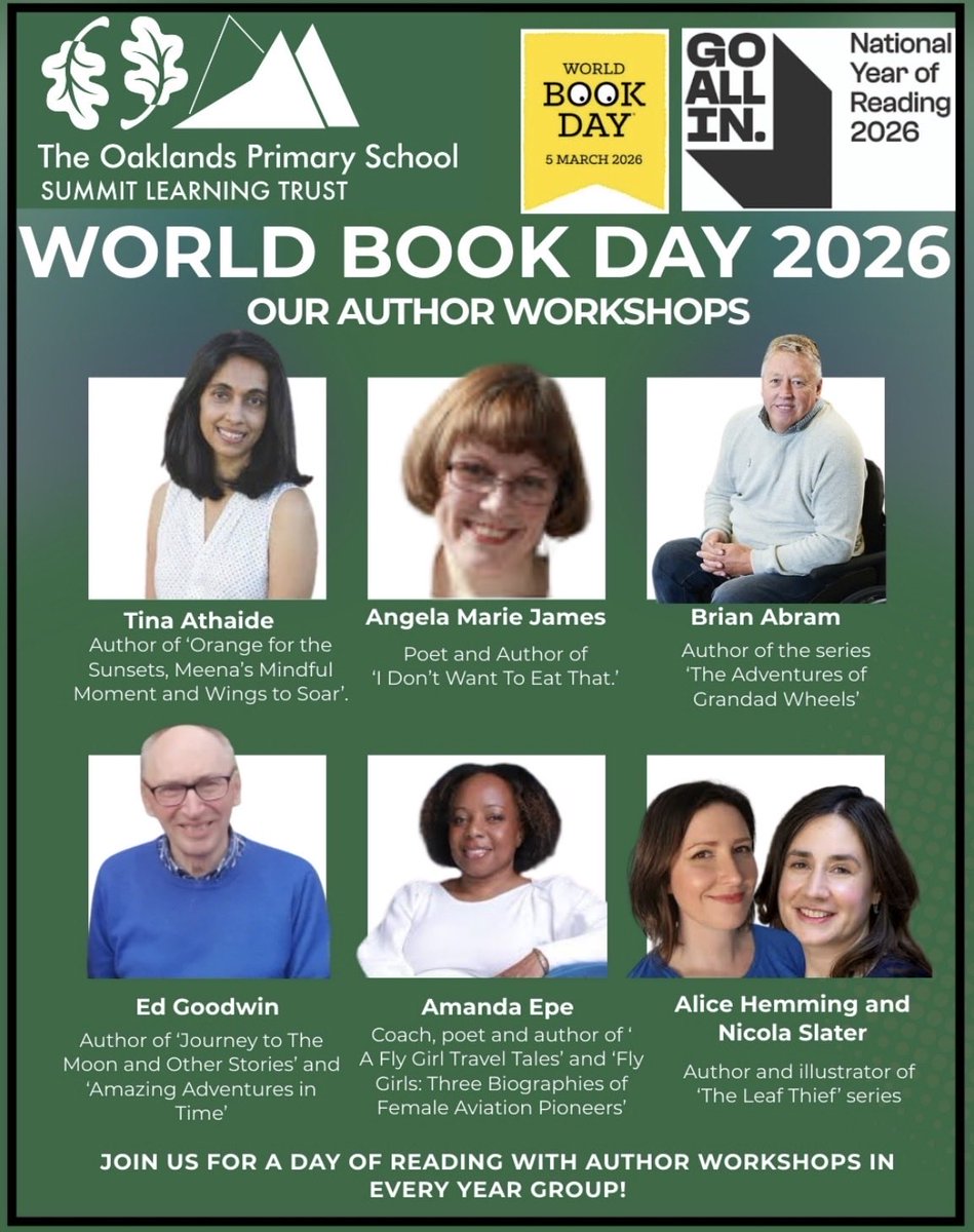TheOaklandsBham's tweet photo. We are excited to announce that we have arranged for every class in the school to have a workshop in person or online with a published author. 

Here is the fantastic lineup:
@tathaide @amjamesauthor @GrandadWheels @flygirlsuk https://t.co/8YugXnCNSz