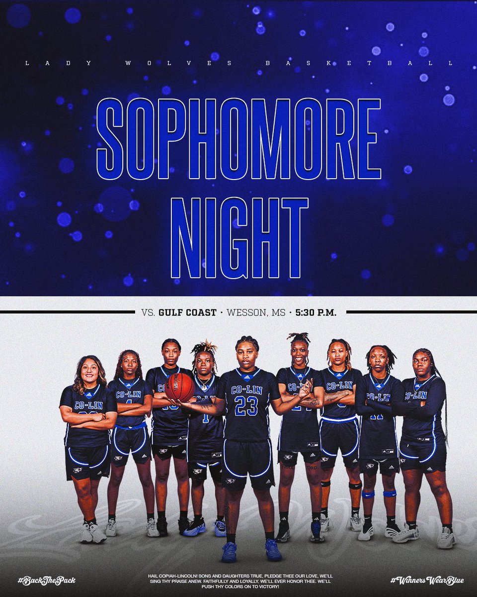 colinathletics's tweet photo. It’s Sophomore Night and the final regular season game in Mullen! Tonight, we honor these young ladies who help push Lady Wolves Basketball forward. Thank you for all you’ve done!

#BackThePack

🆚 Gulf Coast
📍 Wesson, MS
⏰ 5:30 p.m.
🏟️ Mullen Gymnasium
📺 https://t.co/lOT7JOD0g7