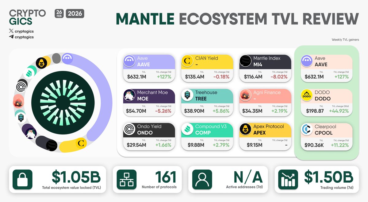 cryptogics's tweet photo. MANTLE ECOSYSTEM #TVL REVIEW
Here’s an overview of the @Mantle_Official ecosystem with it's leading projects by TVL. @aave leads with $632.1M in total value locked, followed by @CIAN_protocol with $135.4M and Mantle Index with $116.4M.
#Aave #CIANYield #MantleIndex #MerchantMoe #Treehouse #AgniFinance #OndoYield #CompoundV3 #ApexProtocol