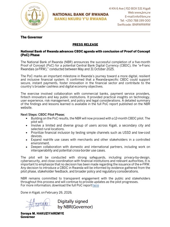 𝐏𝐫𝐞𝐬𝐬 𝐑𝐞𝐥𝐞𝐚𝐬𝐞: The National Bank of Rwanda has successfully completed a 5-month Proof of Concept(PoC) for a potential Central Bank Digital Currency (CBDC), the e-Franc Rwandais (e-FRW).

The PoC marks an important milestone in #Rwanda’s journey toward a more digital,