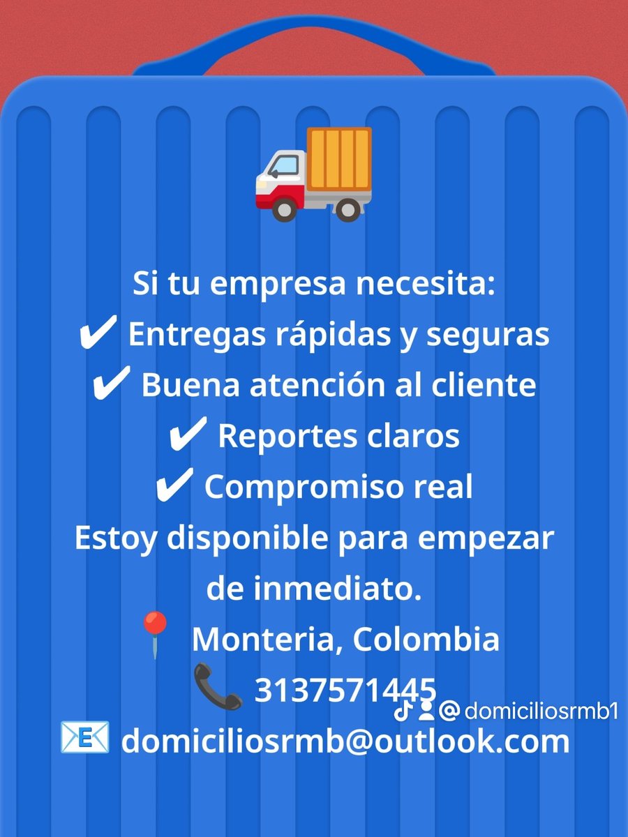 Uyy no X haz tu magia ayúdame a encontrar un cliente firme para entregas de última Milla en Montería, estamos firme dándola todo para seguir creciendo.
Tengo moto y motocarguero.
