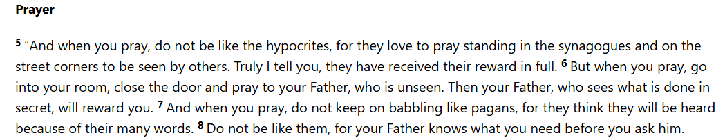 Itscliche11's tweet photo. @Al_Intellius @sneako Because we're not a performative religion that does prayers in front of cameras. Prayer is communion not a performance. Matthew 6:5-7 https://t.co/0wEZ7j3Qtb