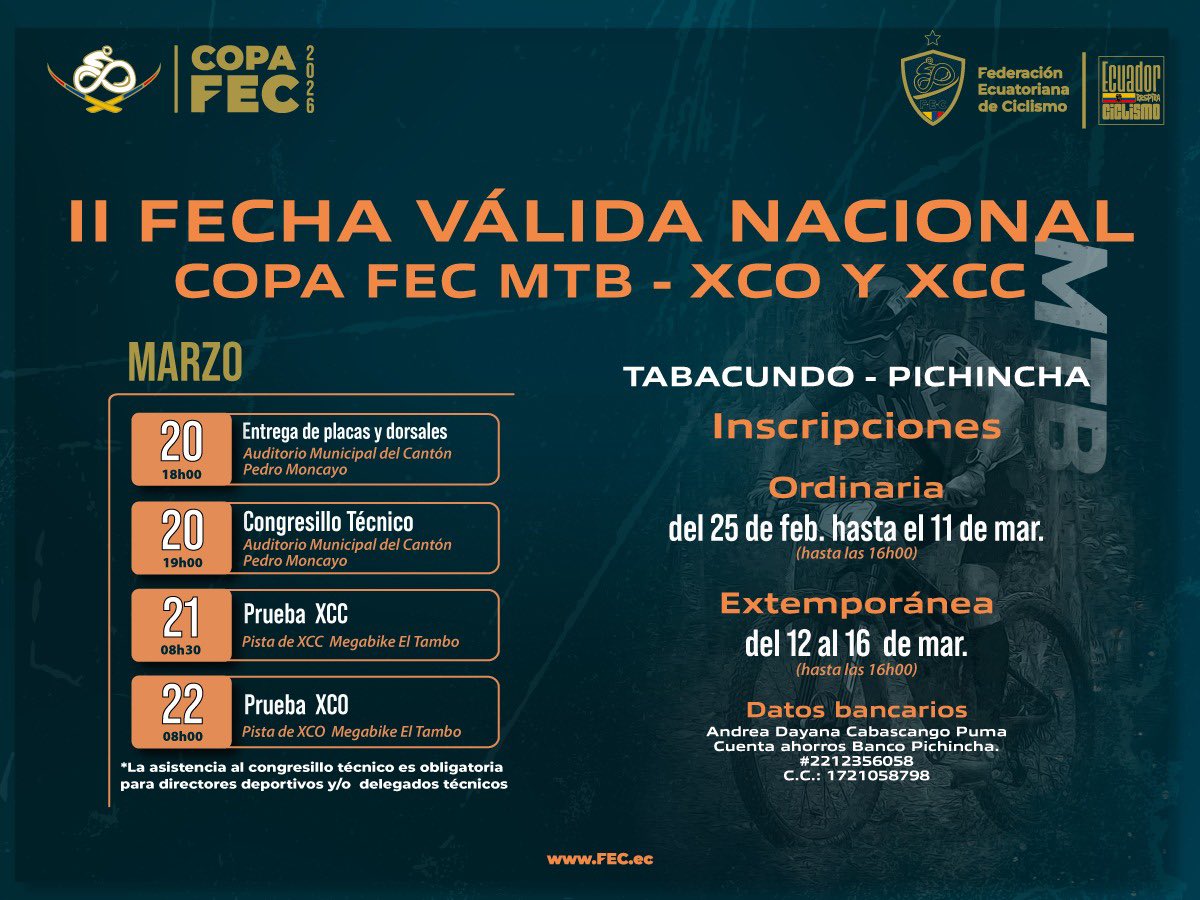 FedeCiclismoEcu's tweet photo. Listos… pero listos de verdad 😀
El calendario 2️⃣0️⃣2️⃣6️⃣ no espera a nadie, y la pista tampoco perdona.
Se viene la segunda fecha de la Válida Nacional – #CopaFEC de MTB XCO y XCC 🚵♂️🔥
Inscríbete aquí 👉 https://t.co/qdfed7OXTH https://t.co/N270tZYzsu