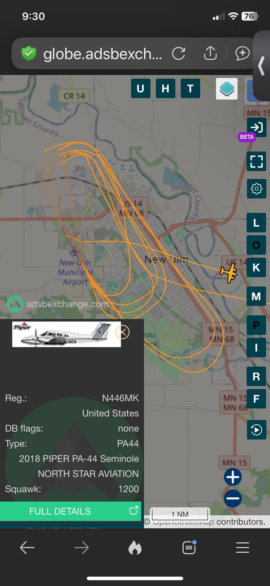 baleheadmaria's tweet photo. @flymankato Dear North Star Aviation: Can you please not have your students circling New Ulm like this every day? It feels like we are under attack in a war, hearing your planes circle overhead at 2,000 feet or less. I count 7 passes this morning by this one plane, https://t.co/bq0SLyCiWf